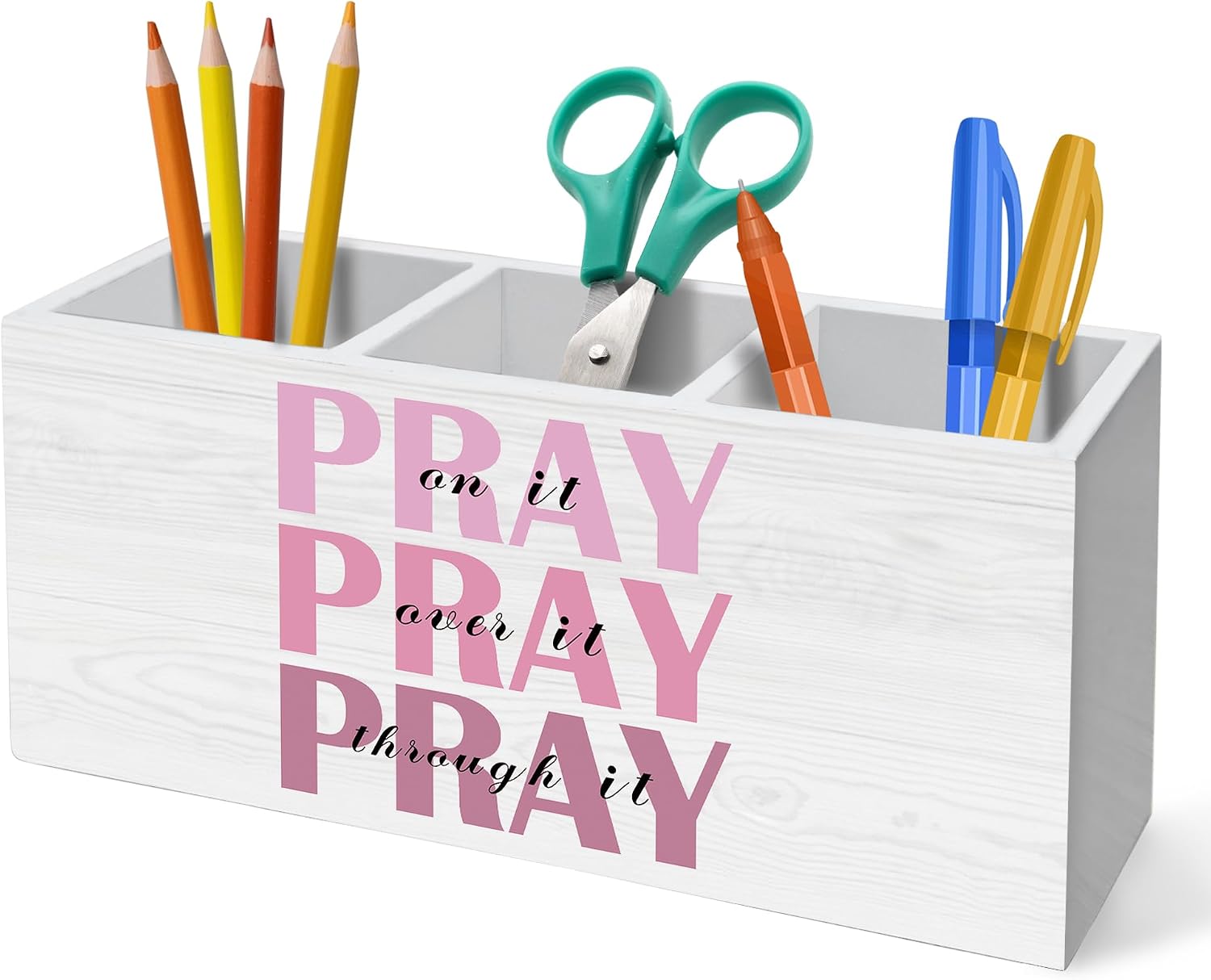 Pray on It Pray over It Bible Verse Pen Holder for Desk Decoration, Pink Inspirational Christian Wooden Box Sign Pencil Holder Organizer for Home Office Desk Accessories, Christian Gifts