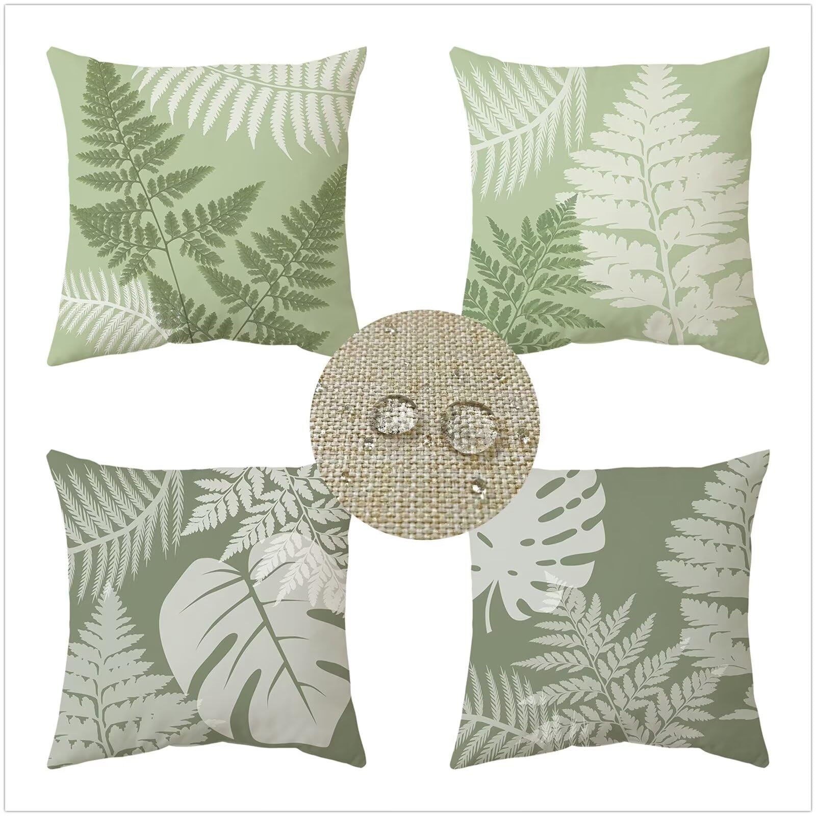 Juego de 4 Fundas de Cojín Impermeable Exterior Verde 60x60cm Funda de Almohada Cuadrada Decorativa de Lino Plantas Tropicales, con Cremallera Invisible para Sofá Mueble Decor Cushions P-180