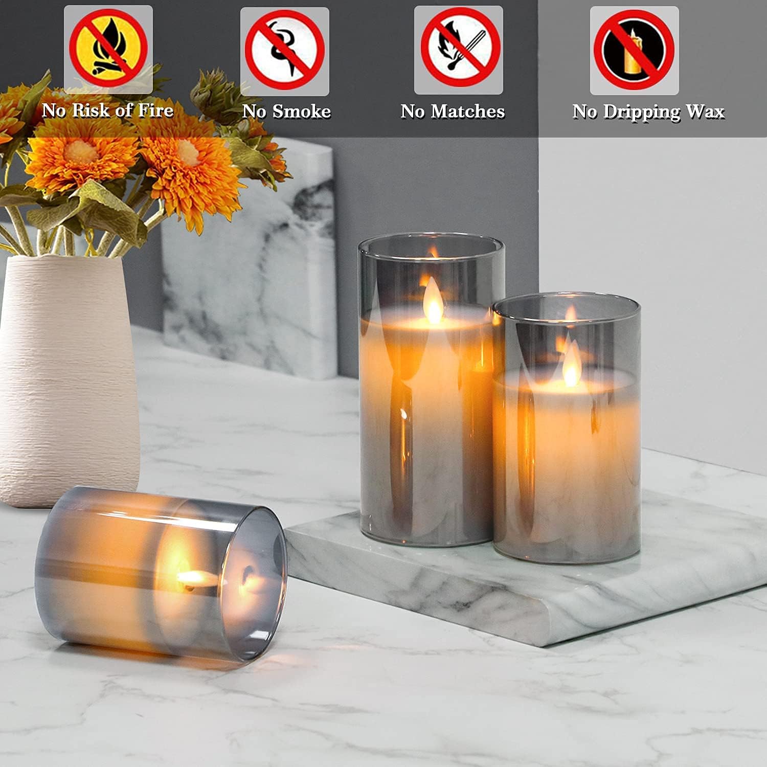 LED Candles Flameless Candles 4"5"6" Set of 3 Real Wax Light, Battery Operated Candles Gray Glass Pillars Realistic Flickering Wick Flame Mode, Lantern Candles with Remote Control 24 Hour Timer