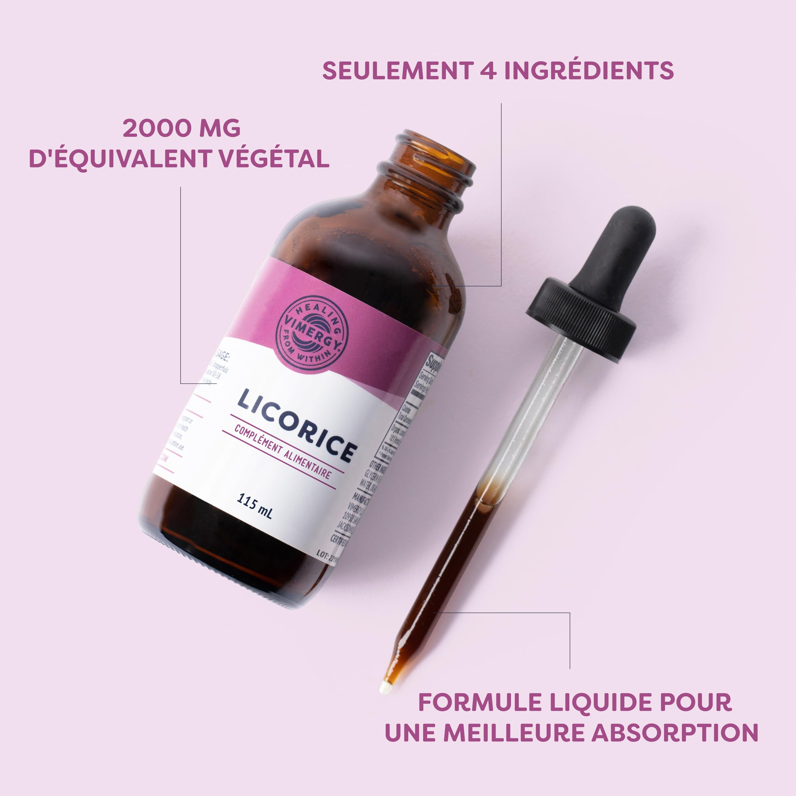 Vimergy Extrait de Racine de Réglisse, 57 Portions - Complément à base de Réglisse - Gouttes - Végétalien - Formulé sans Sucre ni Liant - Sans OGM et sans Gluten (115 ml)