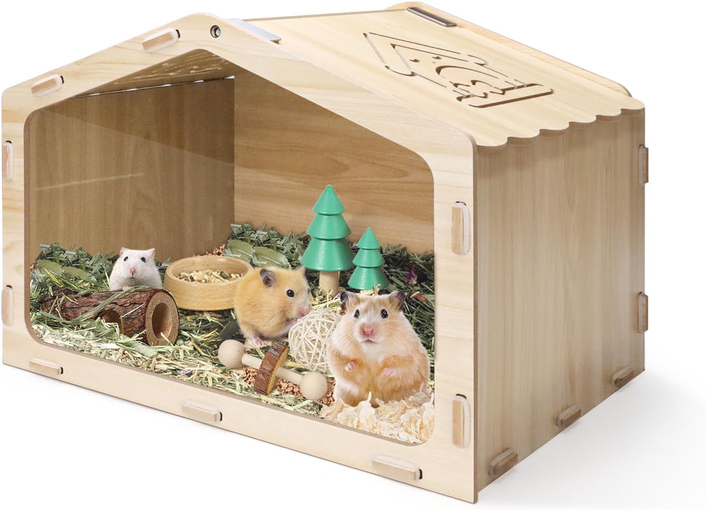Wood Hamster Cage, 15.7×11.8×11.8in House-Shaped Hamster Enclosure with Transparent Design, Small Pet House for Dwarf Hamsters, Gerbils and Baby Fancy Rats, Gerbil Accessories (15.7×11.8×11.8 in)