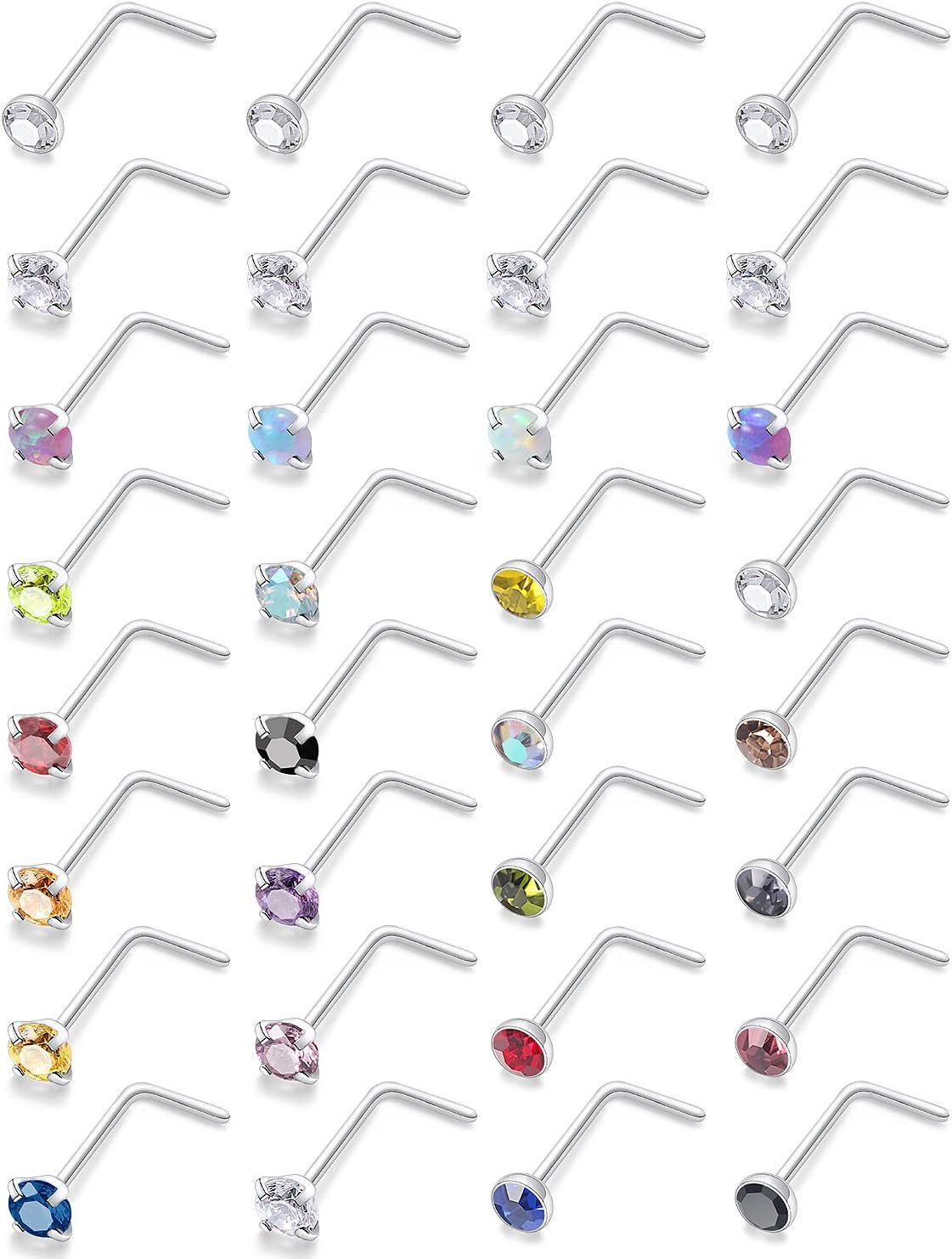 22/20/18g Thin Nose Rings Studs Piercings for Women Men 2mm Gems Straight/L Bars Nostril Jewelry Hypoallergenic Surgical Stainless Steel