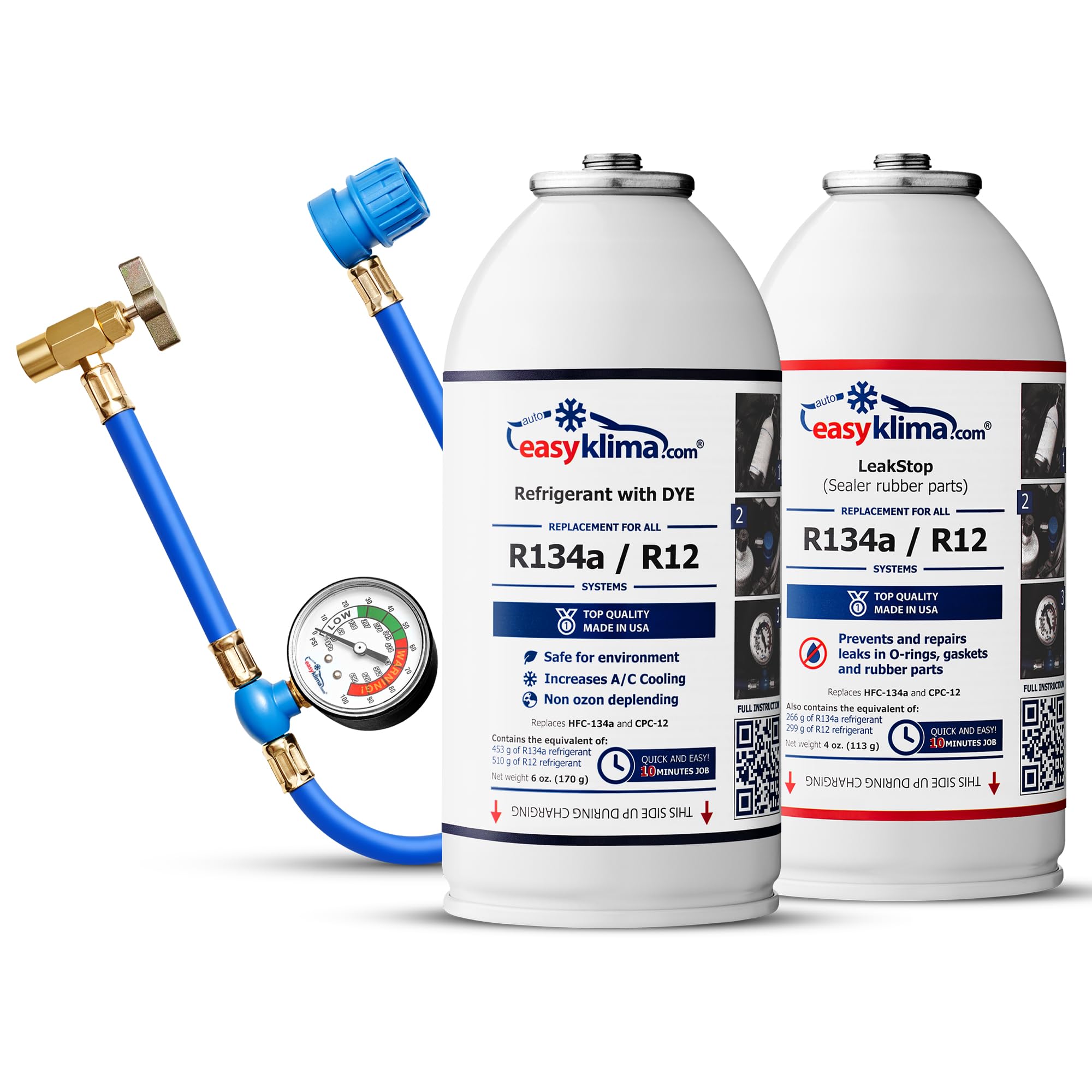 EasyKlima AC Aufladekit Starter Pack mit LeakStop - Air Con Gas, Schlauch mit Manometer - Einfaches, Schnelles Klimaanlagen-Reparatur- und Regas-Kit für Fahrzeuge der Baujahre 1995 bis 2016