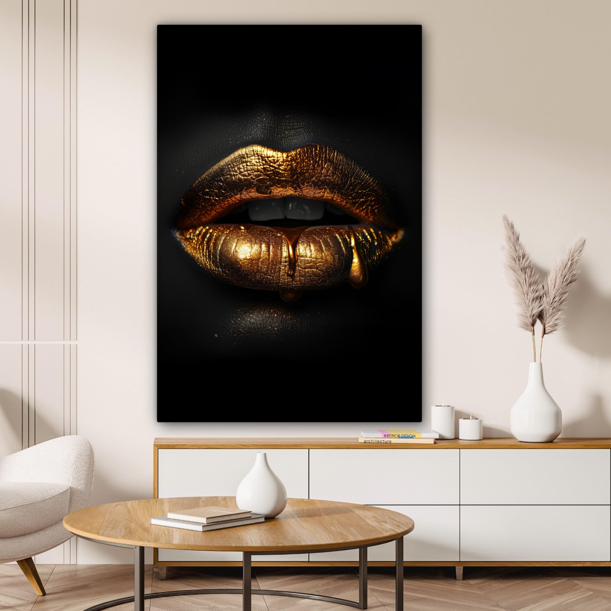 MuchoWow© Stampa di Foto su Tela Quadro Soggiorno Moderno Quadri per | 80x120 cm - Salotto Decorazioni Camera Donna - Ritratto - Labbra - Oro - Nero