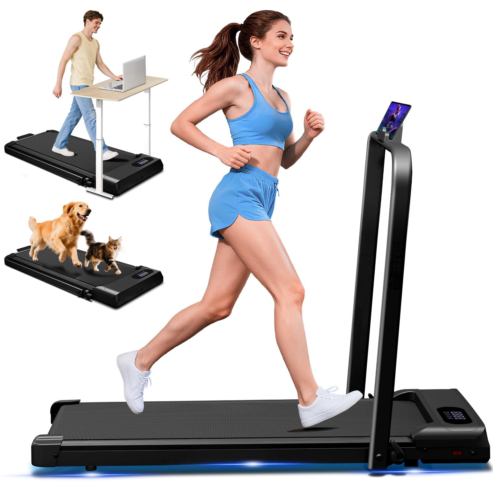 Walking Pad with Handle Bar, 2.5HP Walking Pad Treadmill, 3 in 1 Portable Under Desk Treadmills for Home Small Space, Foldable Folding Home Treadmill with Remote Control, 320LBS Capacity