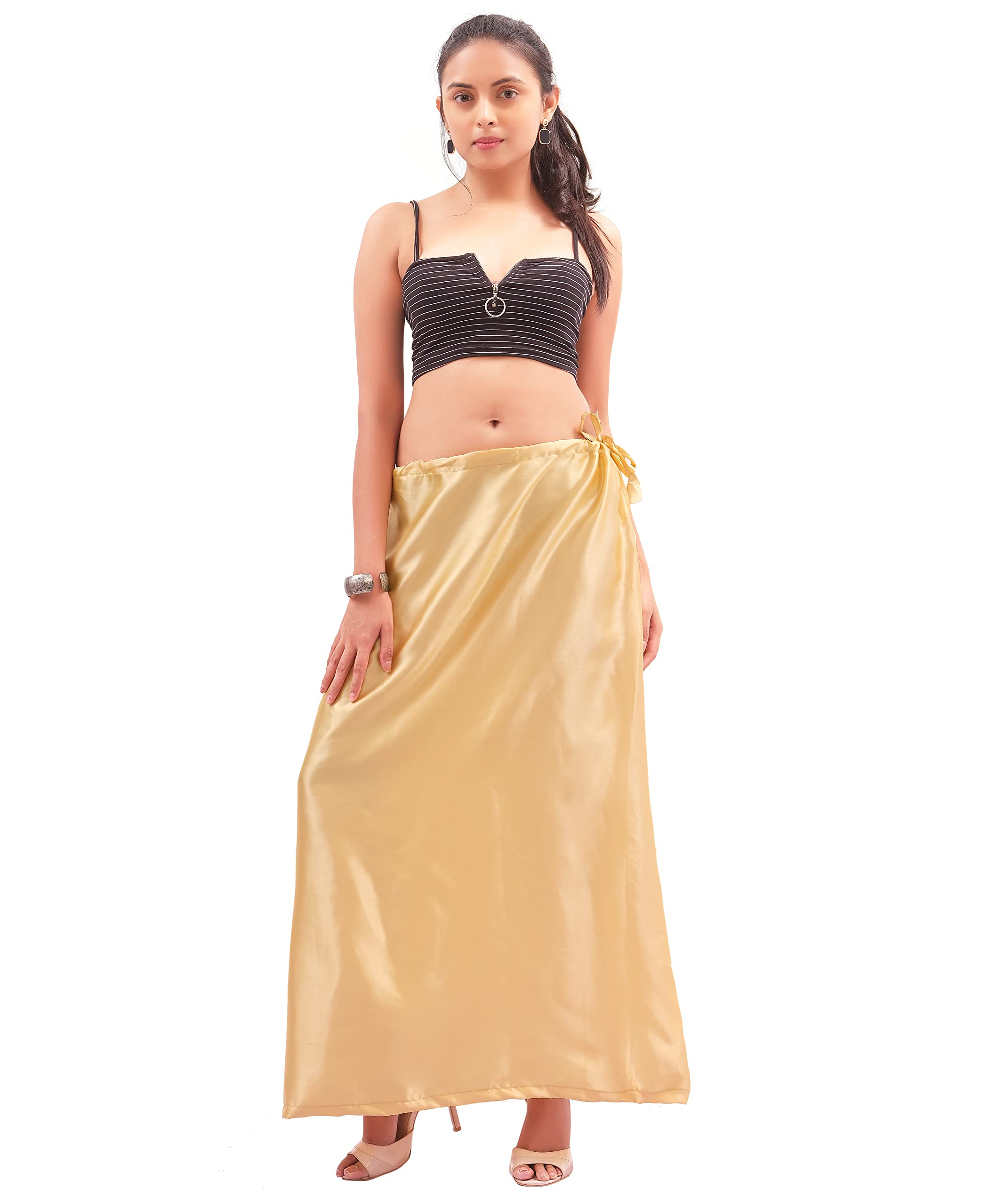 Divas World Women's Gold Satin Petticoat Silk Shiny Underskirt Long Soft Full Slip Saree Inskirt Lining Sari Petticoat (L, )