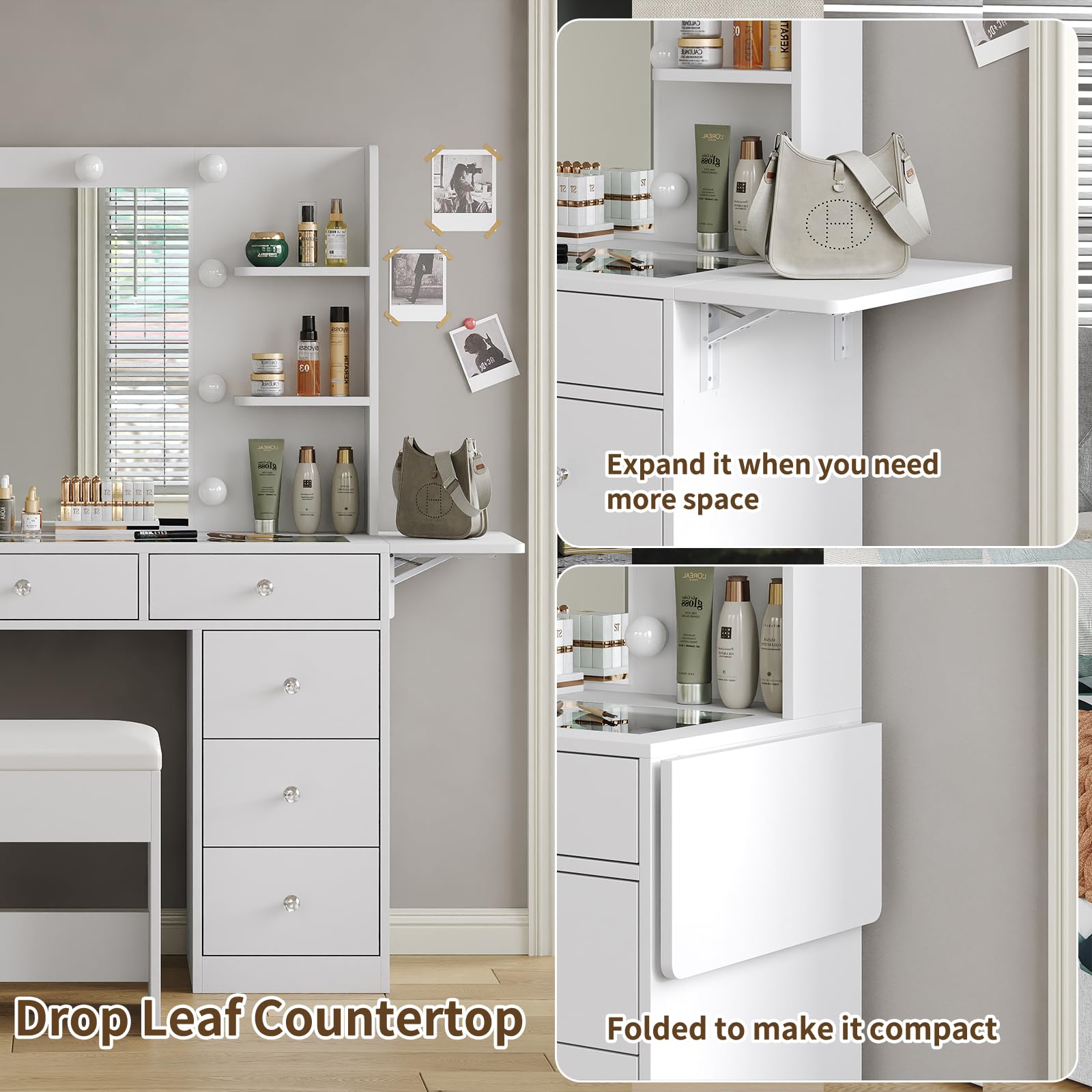 Yanosaku Coiffeuse avec Prise de Courant, Coiffeuse avec Miroir et éclairage LED, 3 Modes d'éclairage, Table de Maquillage avec 4 étagères et Panneau Rabattable pour Chambre, Blanc