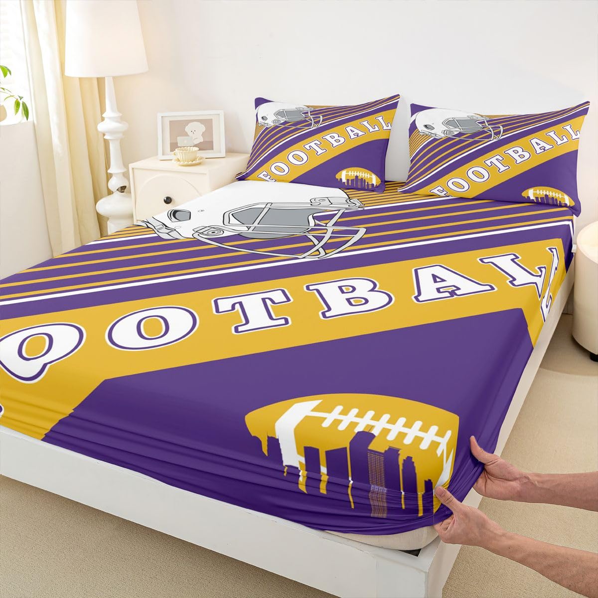 Football Fans Gifts Bedding Set, Football Themed Twin Fitted Sheet, Rugby Sports Game Bed Sheets Graffiti Geometry Striped Sheets 2 Pieces, Purple and