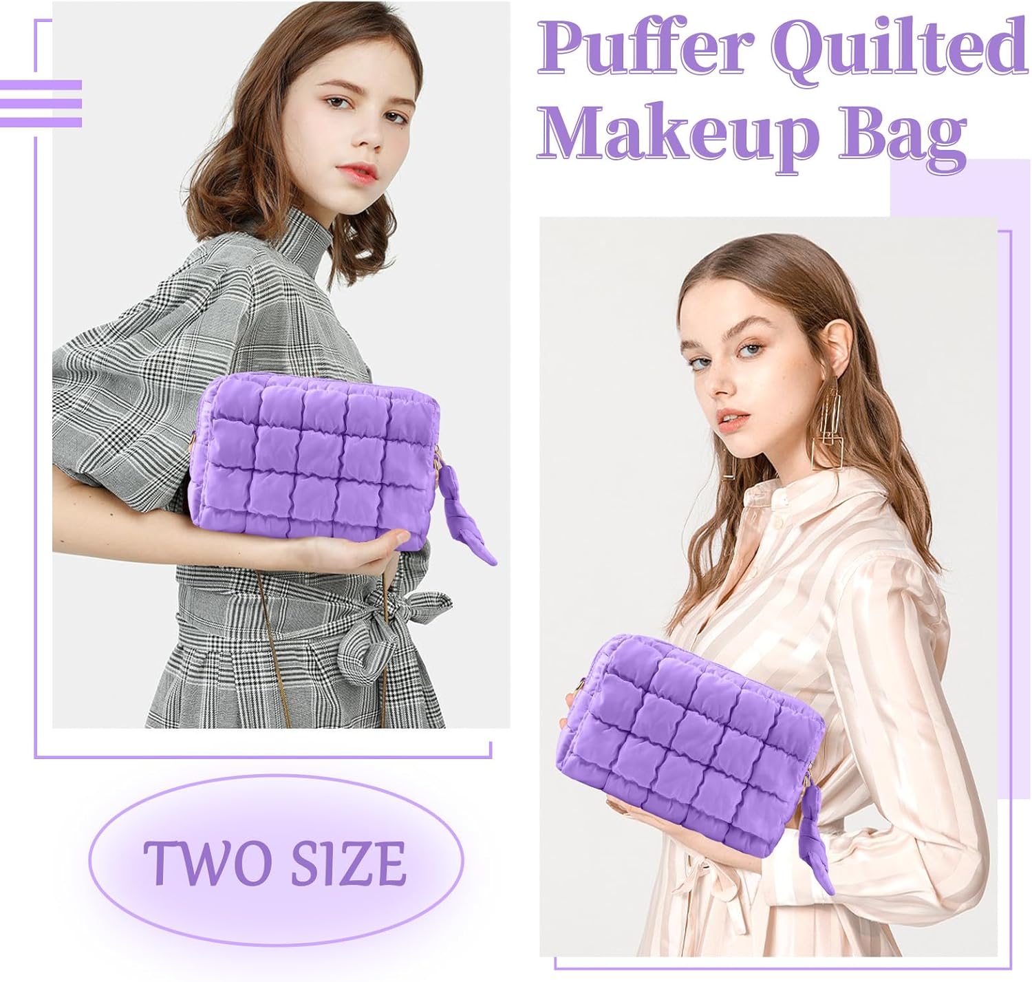 Puffer Quilted Makeup Bag Cosmetic Bags,Puffy Travel Toiletry Pouch for Women,Cute Checkered Zipper Bag Travel Essential,Portable Aesthetic Make up Organizer Bag for Gifts Work Daily(Purple,M) - Image 4