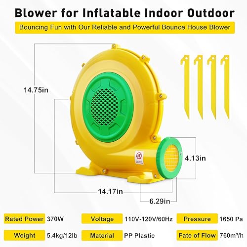 Miniatura 5 de Soplador de casa de rebote, soplador de aire de 370 vatios 0.5HP para inflable, ventilador eléctrico para gorila inflable, perfecto para objetos