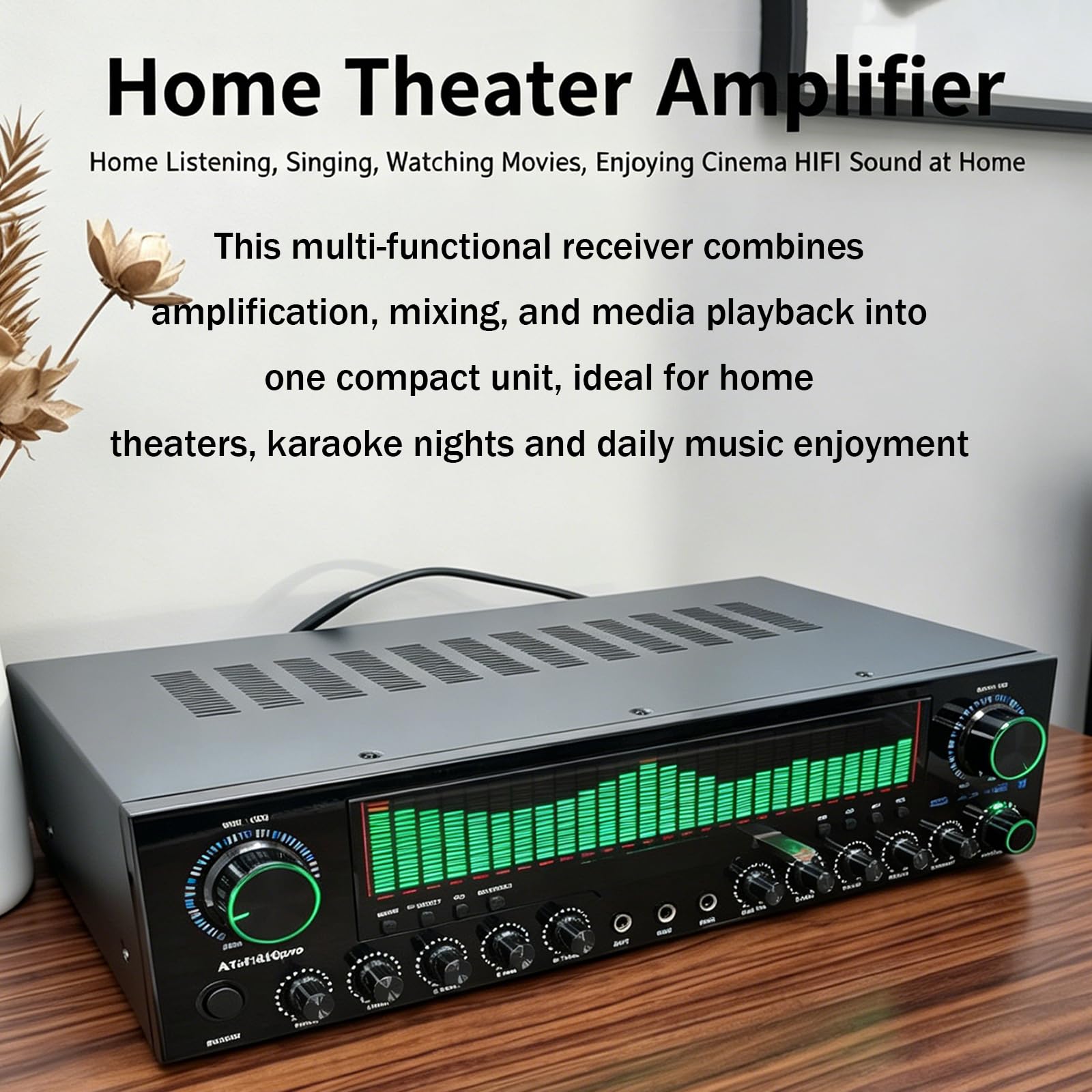 Wzmacniacz Audio Bluetooth 5.1 z korektorem graficznym, dynamicznym kolorowym wyświetlaczem LED, wejściem USB i mikrofonem, idealny do domu, karaoke i scenariusza.