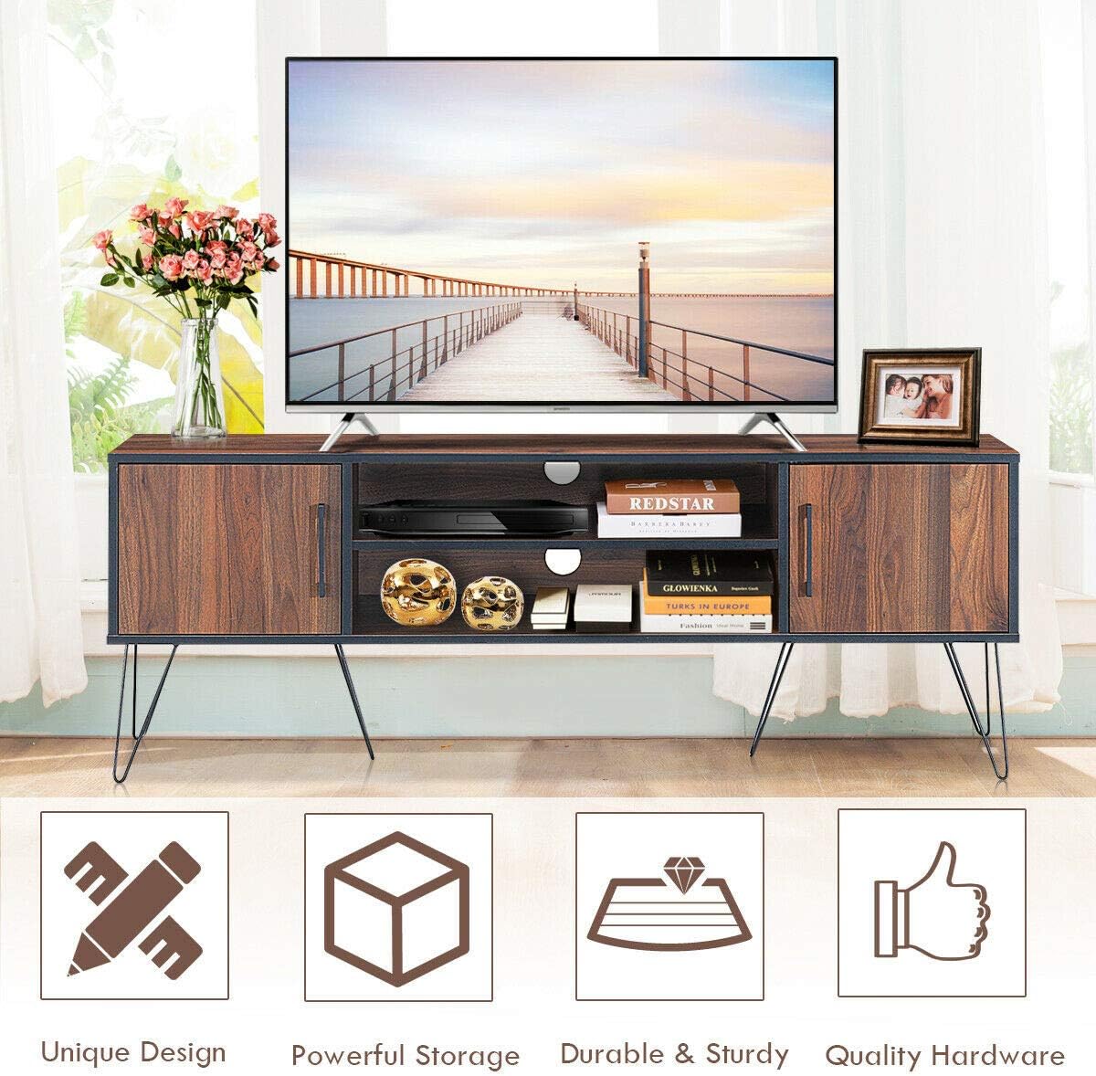Multi-Function Book Shelf Console Storage 60'' TV Stand Media Center Storage Cabinet with Metal Leg, Media Entertainment Center Display Comfortable Height Positioning Home Decor Luxurious