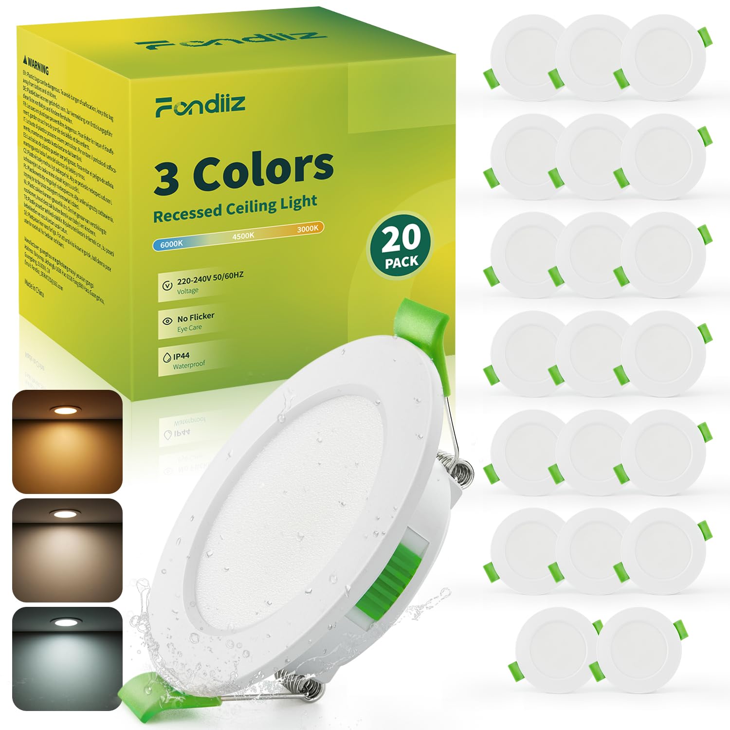 Fondiiz Set di 20 Faretti LED Soffitto Incasso Cartongesso Foro 55mm - 68mm | 3.5W 230V Faretti Incasso Cartongesso Regolabile Caldo 3000K Neutro 4500K Freddo 6000K, IP44 Faretto Ultrasottili per Bagno