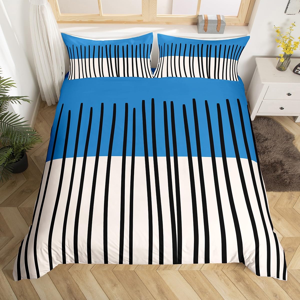 Homewish Bright Blue White Geometric King Size Duvet Cover Set - Abstract Black Vertical Striped Bedding with 2 Pillowcases - Chic Modern Microfiber Quilt Cover Mid-Century Art Deco Bed Sets