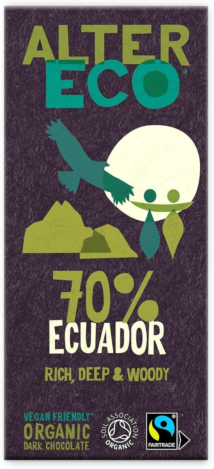 Alter Eco 70% Ecuador Dark Chocolate Bar, Luxury Vegan Chocolate, Organic Chocolate & Fairtrade Chocolate, Low Sugar Chocolate Bar, Eco Conscious Vegetarian Chocolate, GMO Free - 1 x 100g