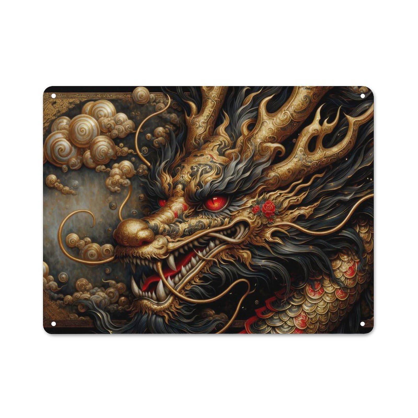 Junmoney Style-24 Mythical Gold Dragon Vintage Metal Wall Decor 30X40cm, Vintage Metal Sign For Hallway, Home Bar, Garage Or Study