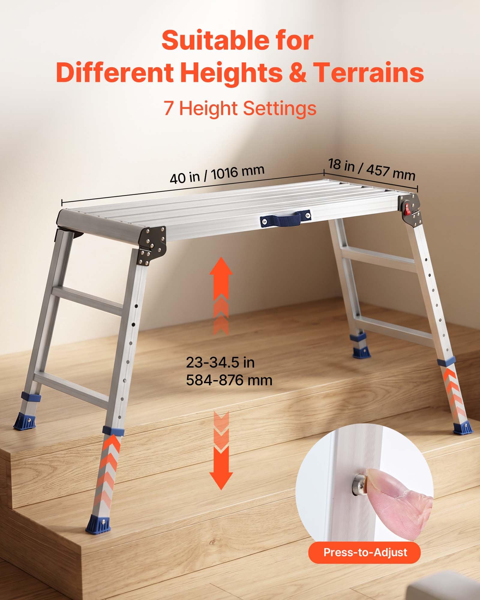 VEVOR Piattaforma di Lavoro Pieghevole Altezza Regolabile 58,4-87,6 cm, Pedana da Lavoro Portatile, Piano in Alluminio 101,6 x 45,7 cm, Portata 226,8 kg, Superficie Antiscivolo, per Casa e Officina