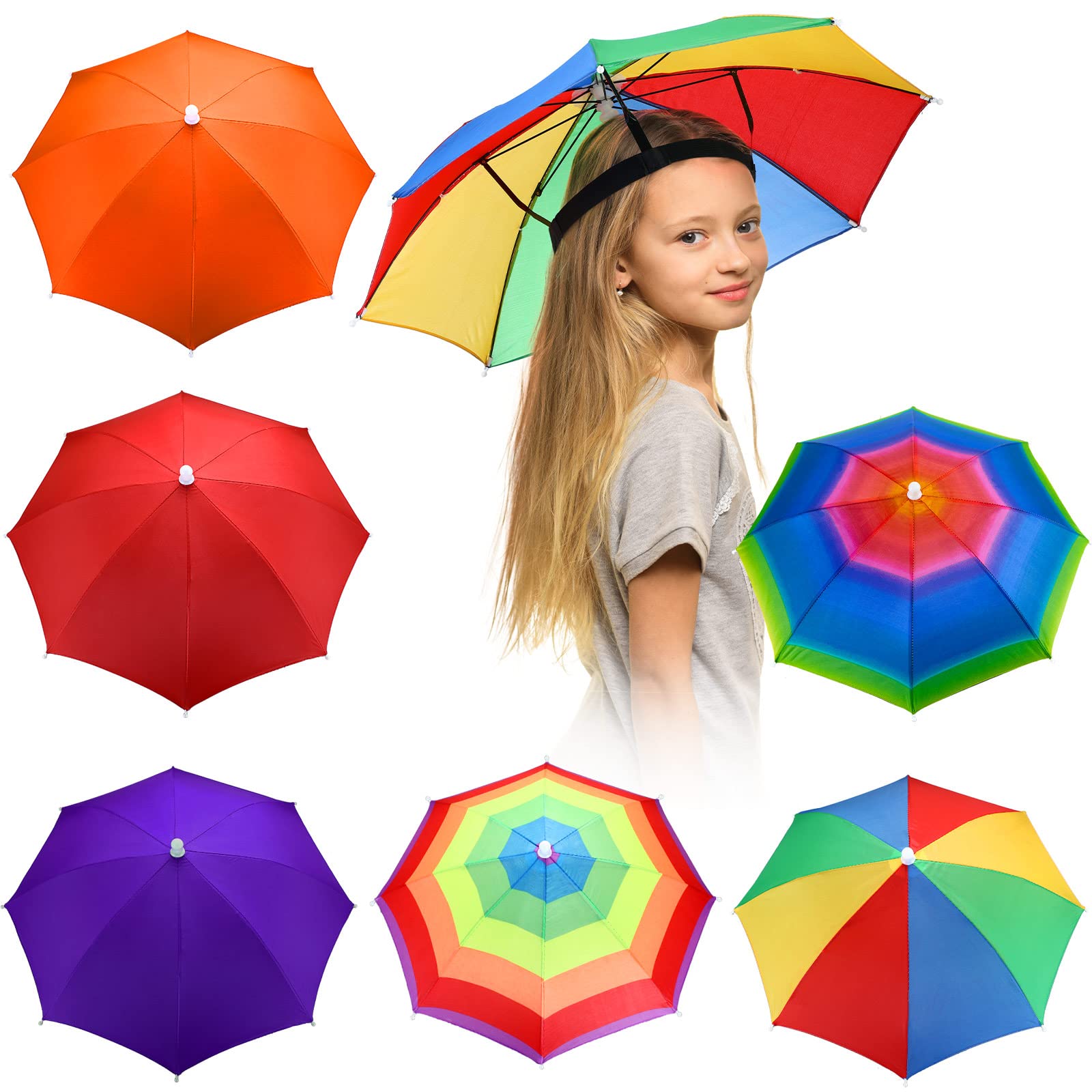 6 Pack Rainbow Umbrella Hats for Kids - Sports Headwear, 20 Inch Diameter, Folding, Waterproof, Elastic, Perfect for Outdoor, Party, Beach, Hiking (Rainbow)