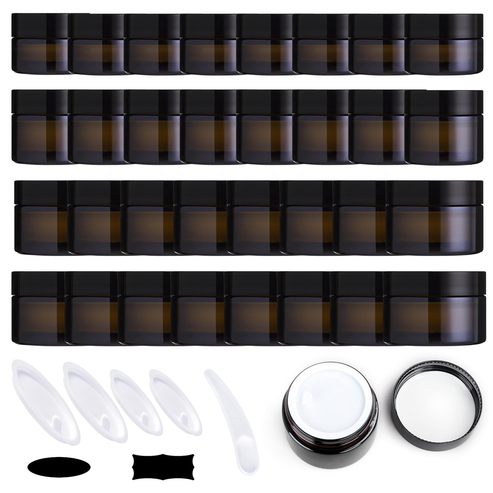 Yauhar 120Pcs 15g Amber Glass Jars Assortment Kit with Inner Liners and Black Lids