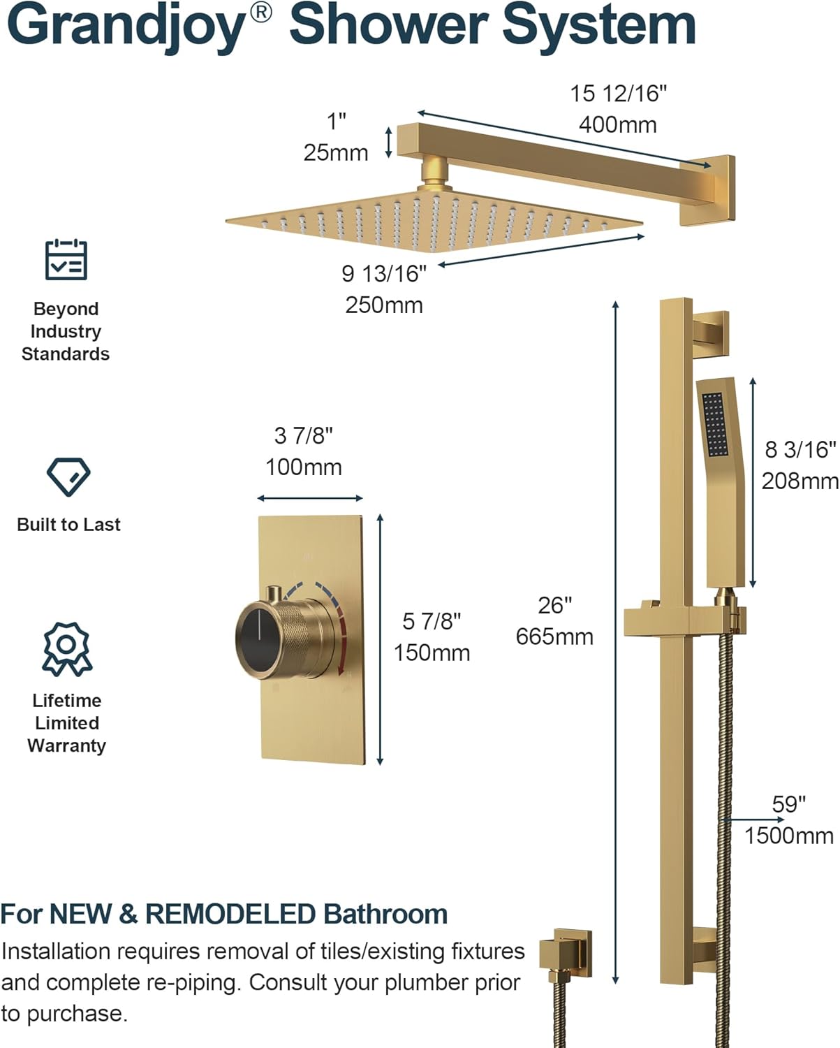 10" Shower Faucet Set with Valve, Wall Mounted Shower Head with High Pressure Handheld Sprayer & Slide Bar, Brushed Gold