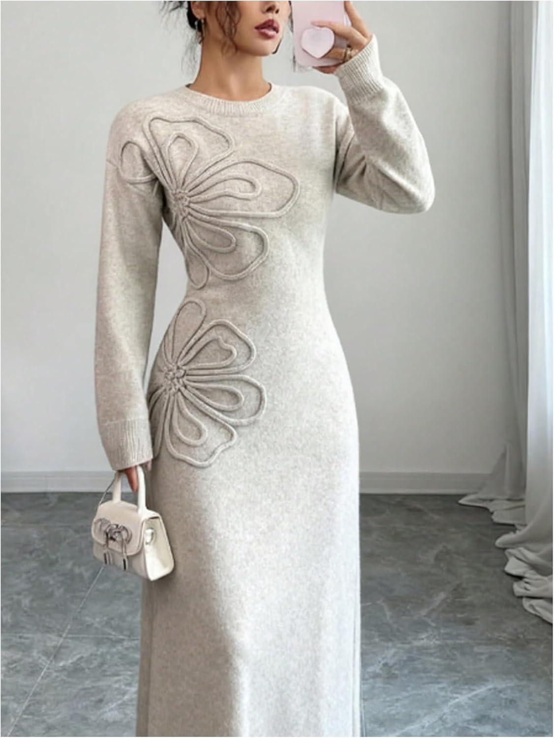 Women's 3D Floral Appliques Knit Sweater Dress Crewneck Long Sleeve Flared Long Dresses - Image 4
