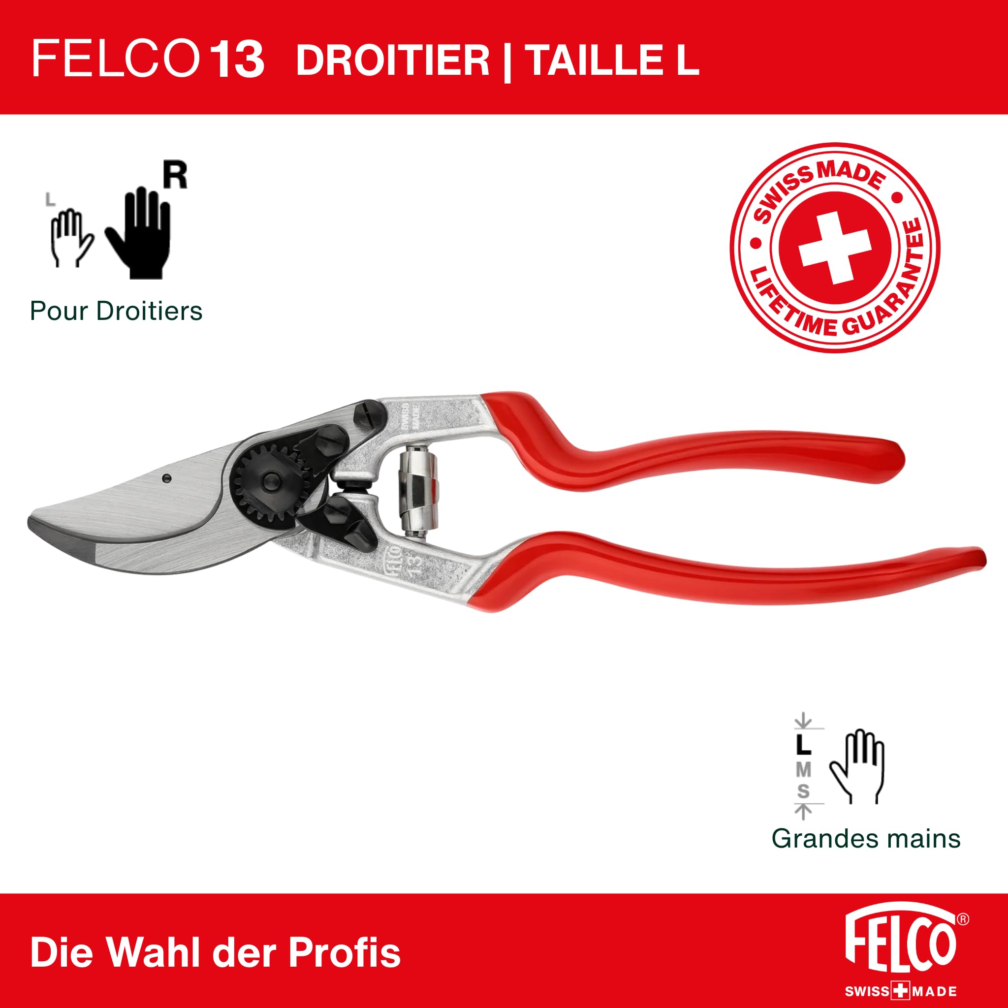 FELCO 13 sécateur droitier grandes mains à prise deux mains, coupe 30 mm