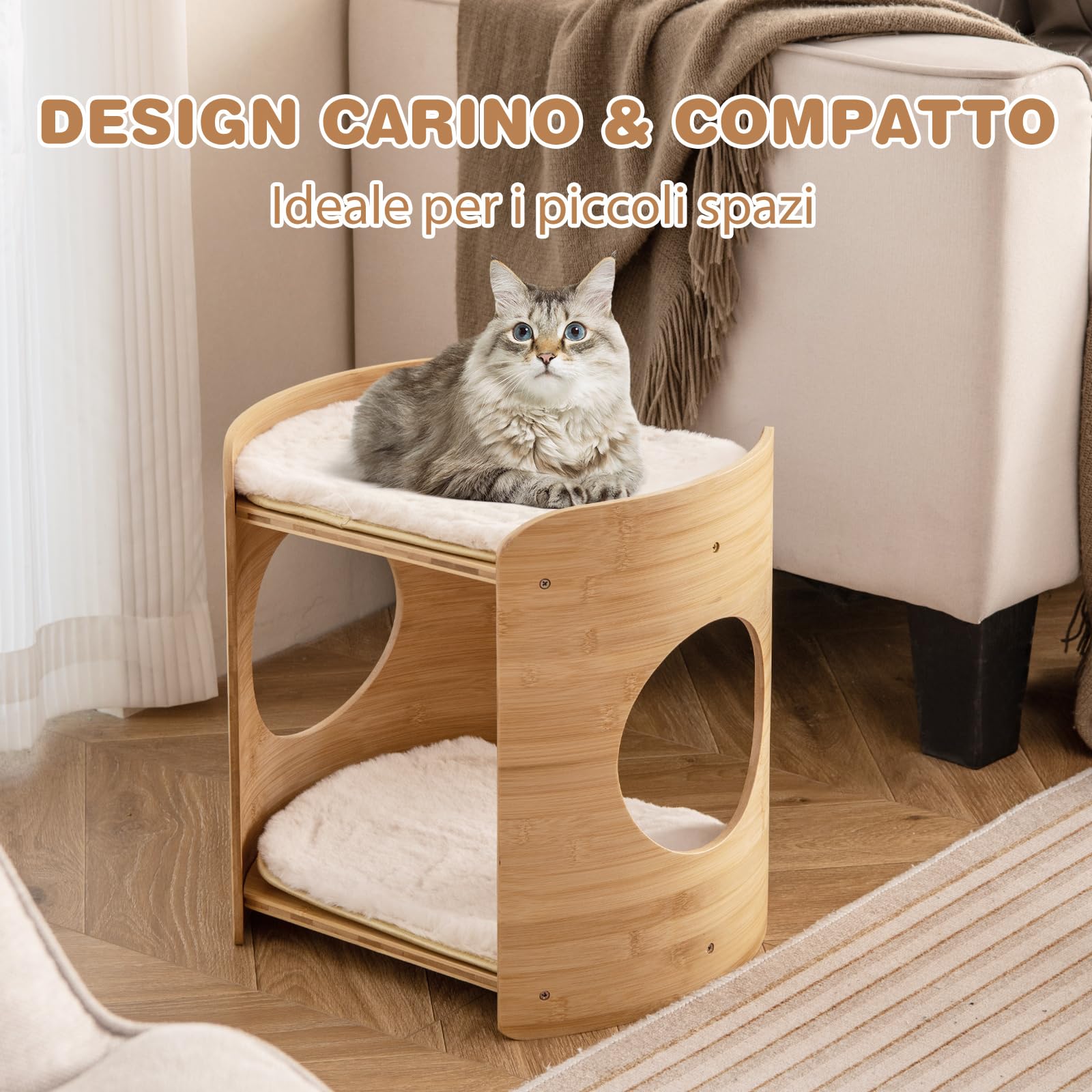 COSTWAY Letto Rialzato per Gatti, Cuccia per Gatti a 2 Livelli da Interno con Struttura in Bambù Naturale, Tappetini Morbidi Rimovibili e Lavabili, Lettino per Cuccioli