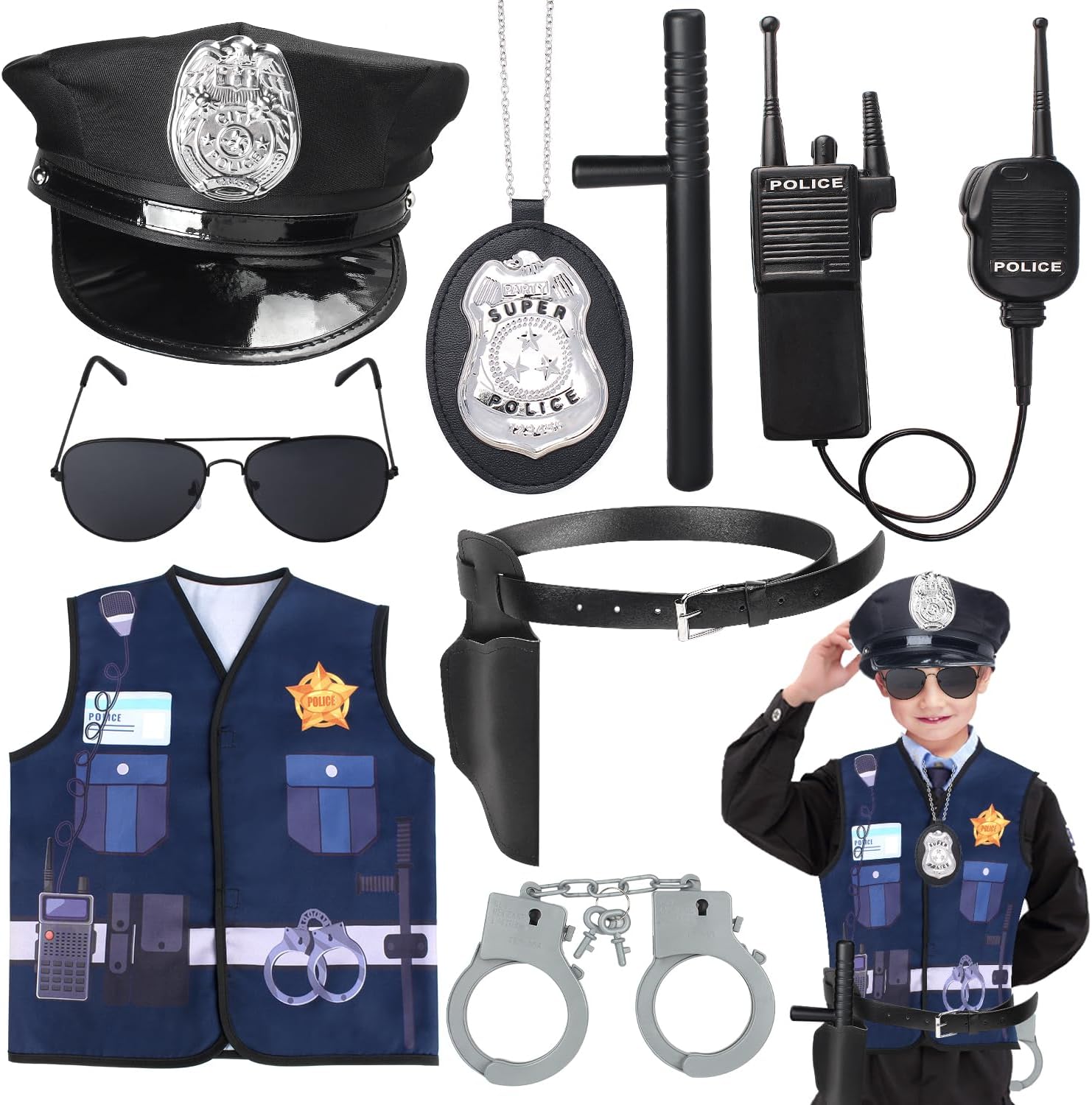 Kyson8Pcs Police Costume Kit for Boys Police Officer Cop Dress Up Accessories Halloween Career Day