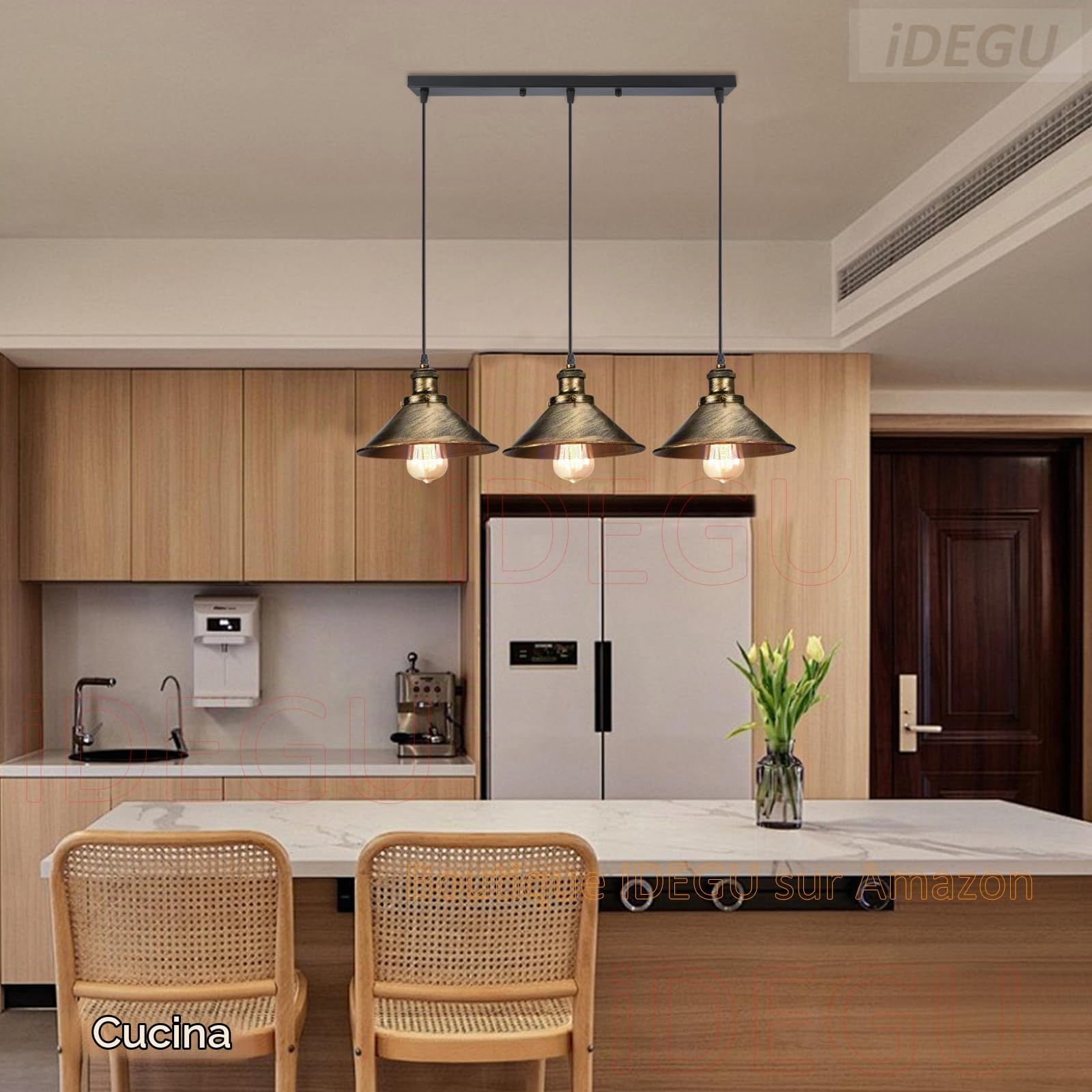 iDEGU 3 Luci Lampadario a Sospensione Industriale Lampada a Sospensione Vintage Stile Edison E27 Plafoniera Lampada da Soffitto per Sala da Pranzo Soggiorno Cucina Bar, 22CM (3 Luci Palo, Bronzo)