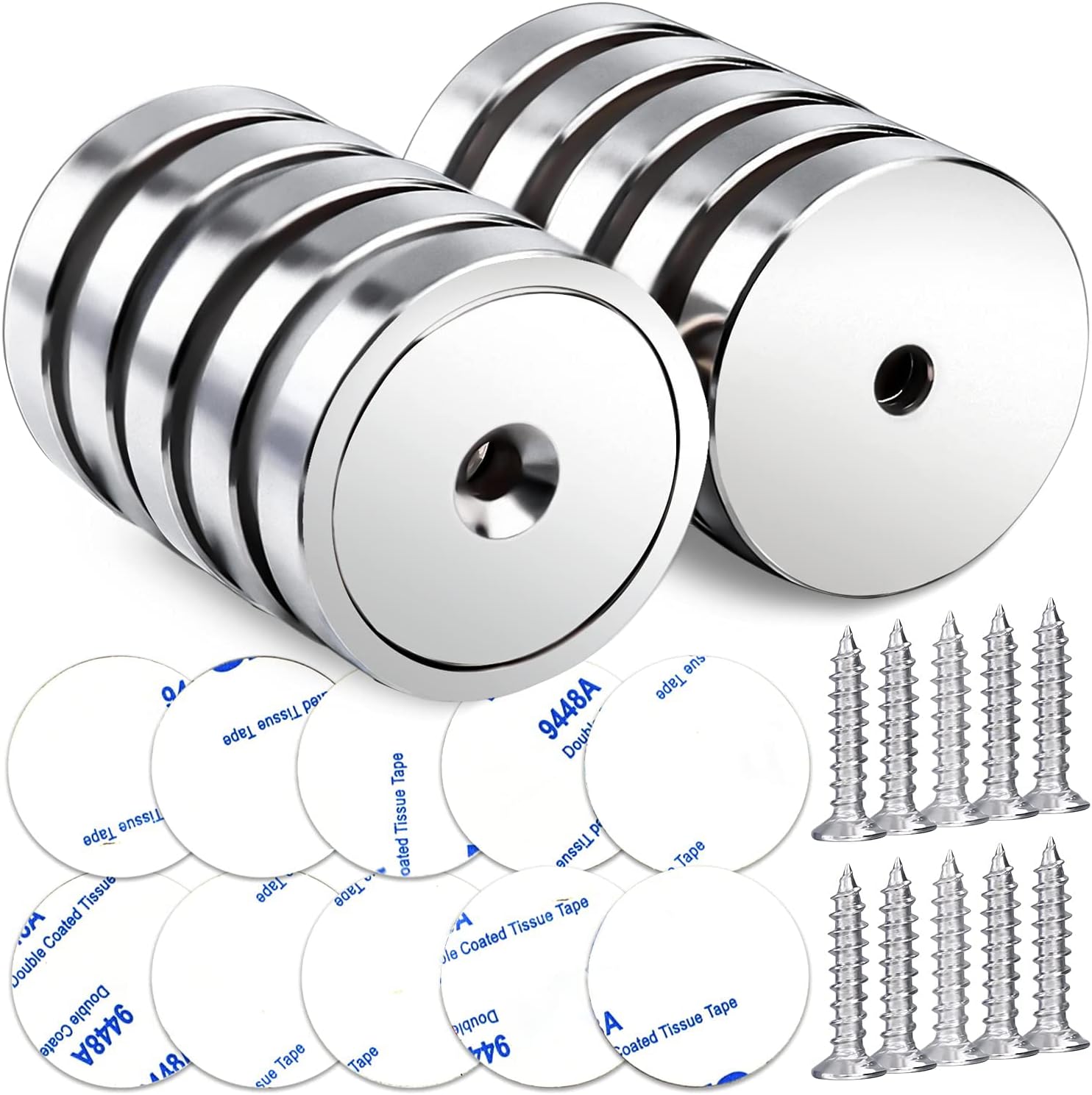 - LOVIMAG Neodymium Cup Magnets,110LBS Holding Force Strong Rare Earth Magnets with Heavy Duty Countersunk Hole and Double Sided Adhensive&Stainless Screws for Refrigerator Magnets,Office etc,Pack of 10
