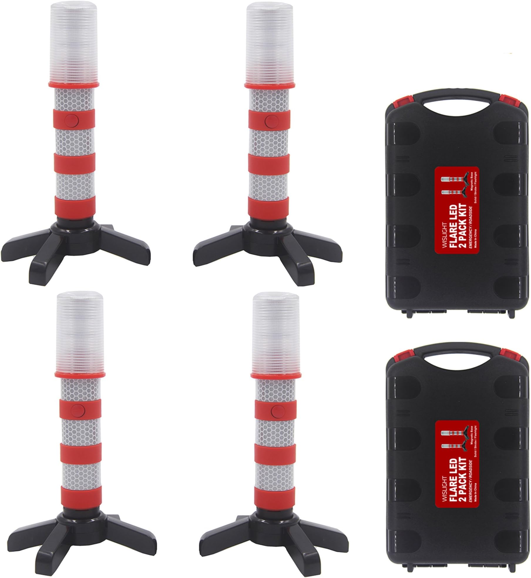 LED Emergency Roadside Flashing Flares Safety Strobe Light - Road Warning Beacon, Magnetic Base, Detachable Stand, Storage Case (2 Cases = 4 PCS, Battery Not Included)
