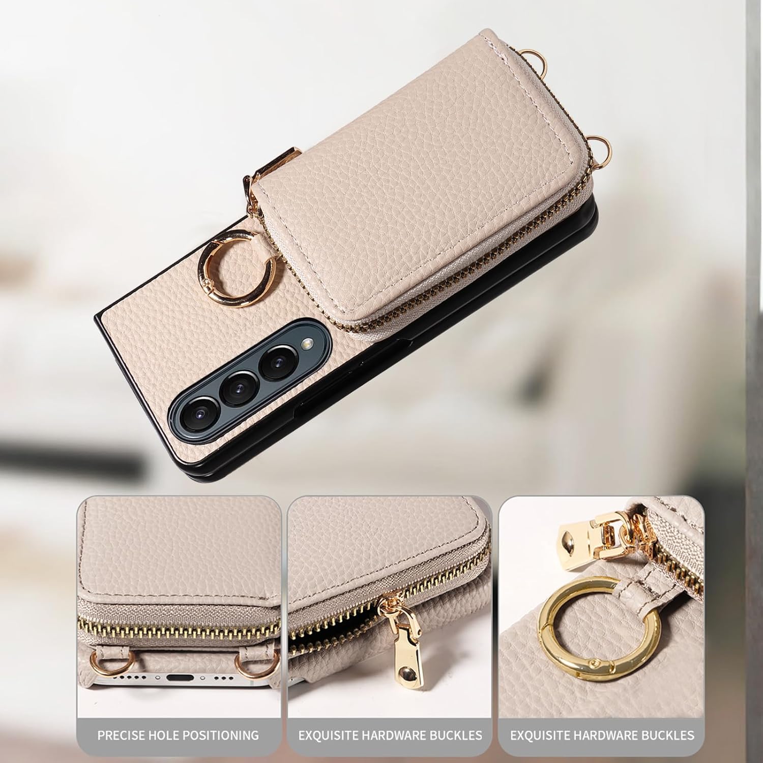Wallet Case for Samsung Galaxy Z Fold 3 5G 2021 & Shoulder Strap Ring Buckle, Luxury PU Leather Zipper Flip Organ Purse, Card Holder Stand Cell Phone Cover for ZFold3 Z3 Fold3 3Z ZFold35G White