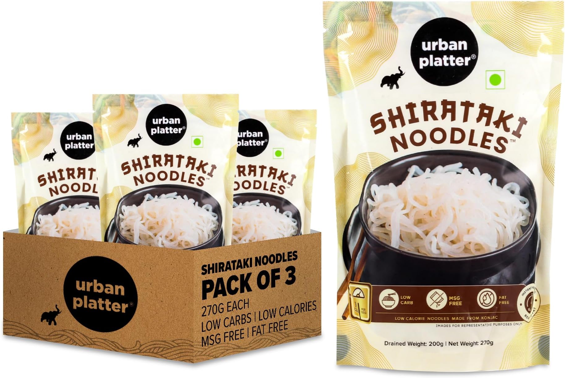 Urban Platter Shirataki Konjac Noodles, 270g, Pack of 3 (Fat-Free, Gluten-Free, Low Carb, Ready to Use)