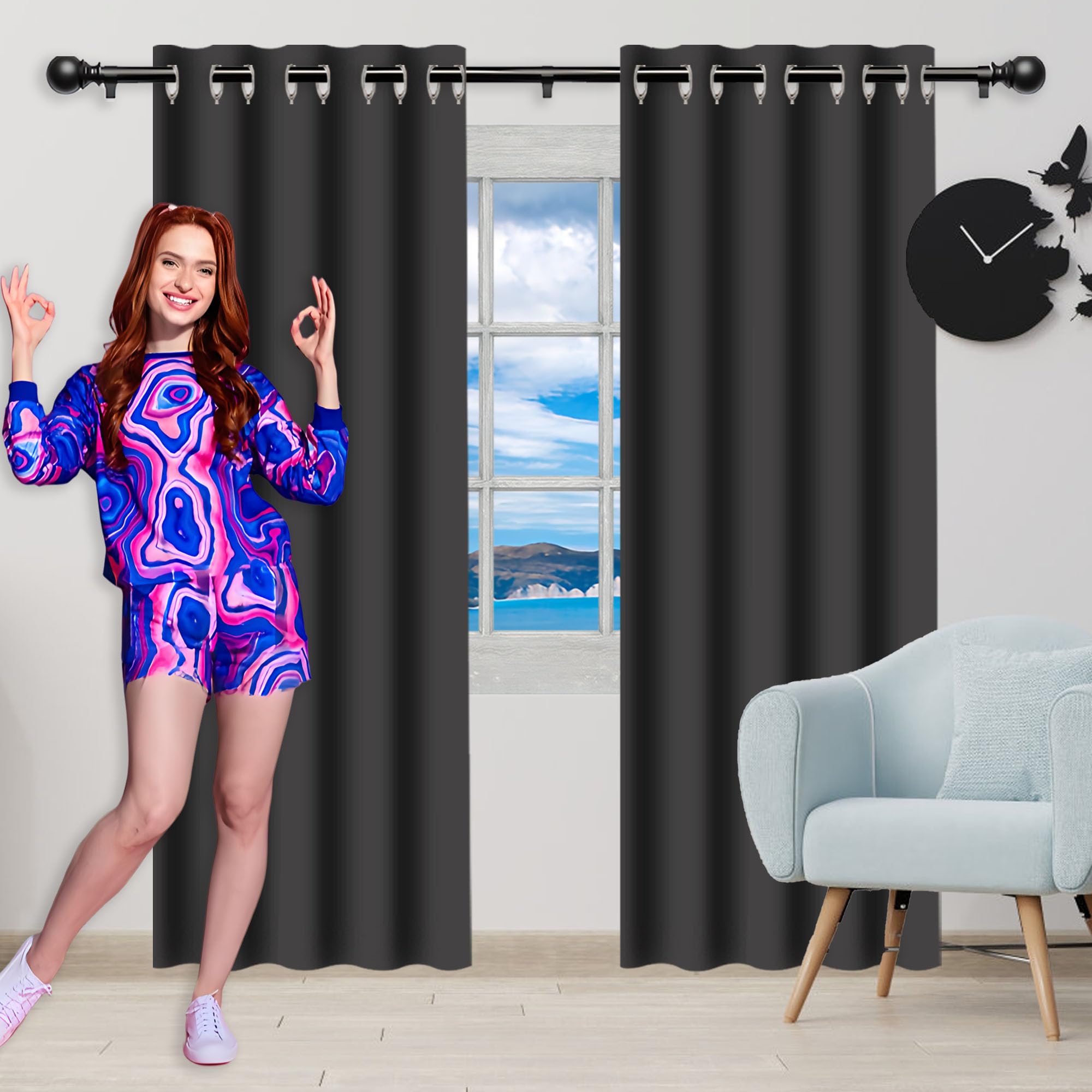 Rideau occultant 540 x 355 cm gris foncé pour porte fenêtre et grand salon