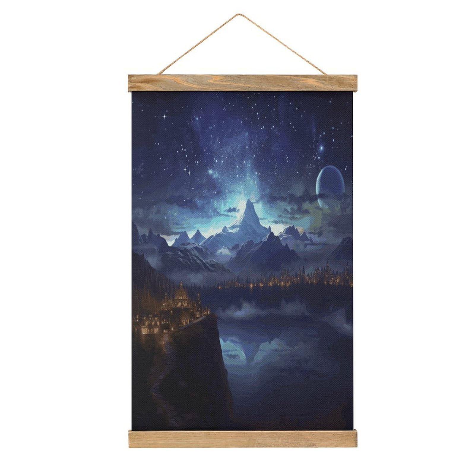 FekiLoot Fantasy Night Scene Wall Art Poster Hanger Frame Linen Wall Art Decor Vintage Hanging Poster Hanging Wall Decor Rustic Retro Wall Art Print for Living Room Decor 20.4 X 13.1Inches