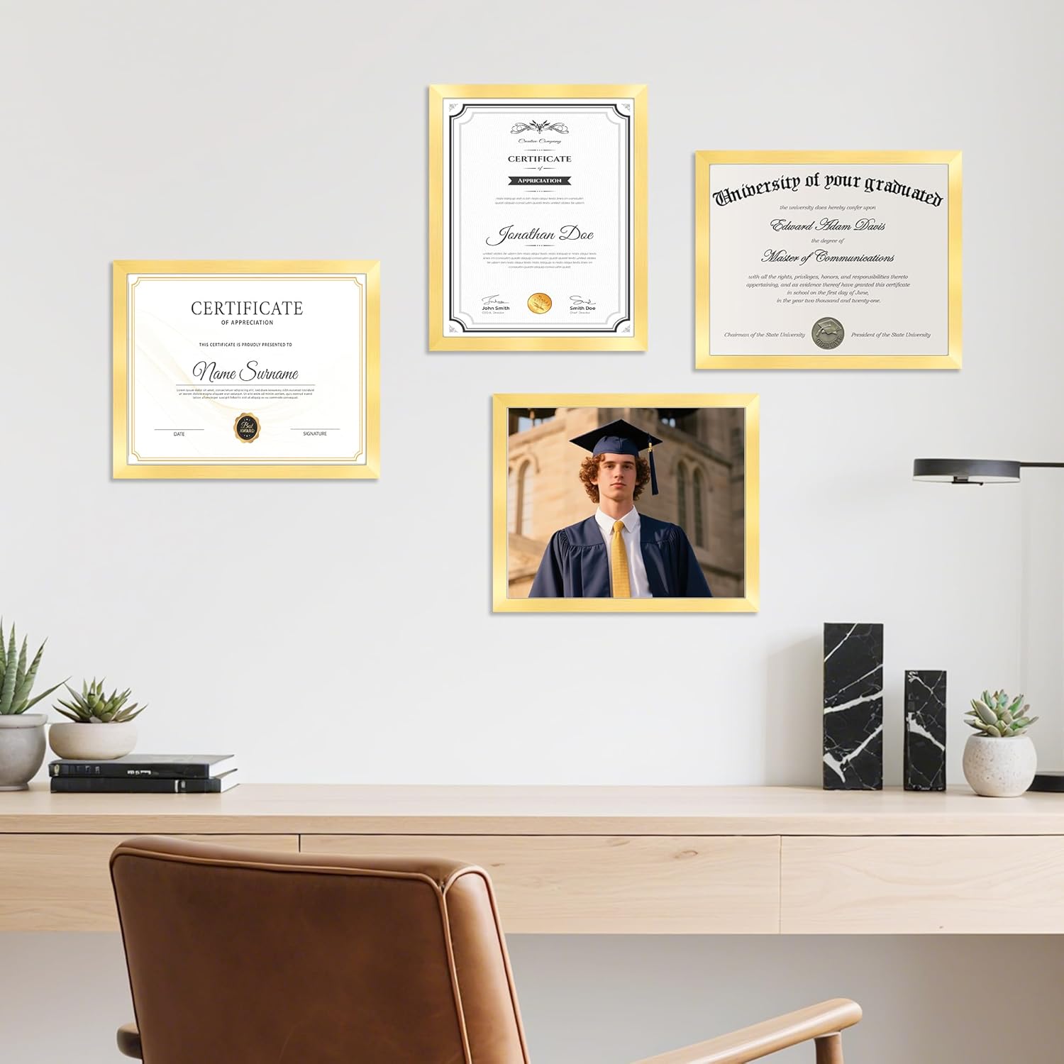 8.5 x 11 Diploma Frame, Certificate Frames Set of 8, 8.5 by 11 Gold Picture Frames with Clear Plexiglass, Photo Graduation Degree Record Magazine Frames for Gallery Home Office Wall Decor