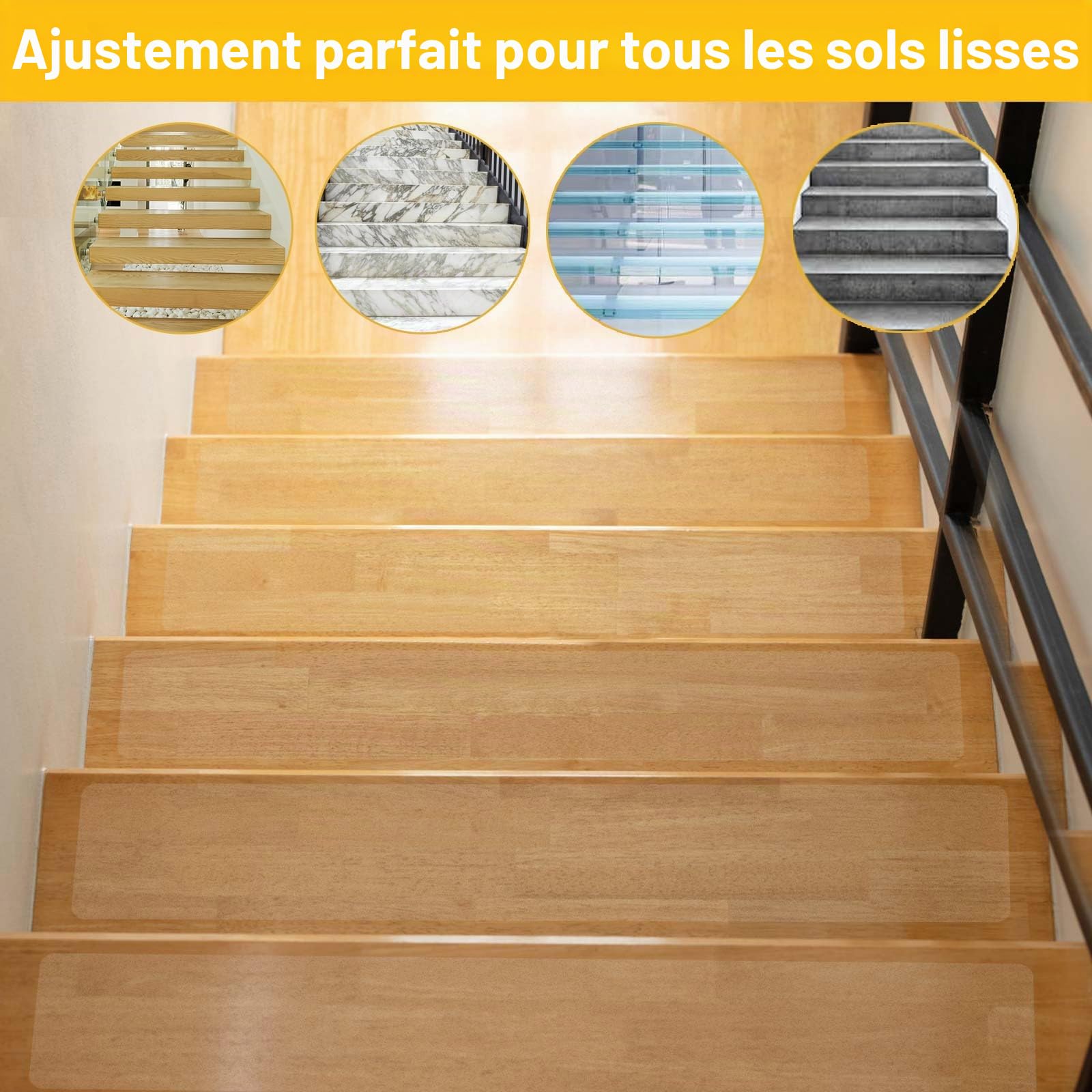 Lot de 15 tapis d'escalier, 15 x 80 cm, transparents, autocollants, imperméables, antidérapants, pour marches en bois, sol