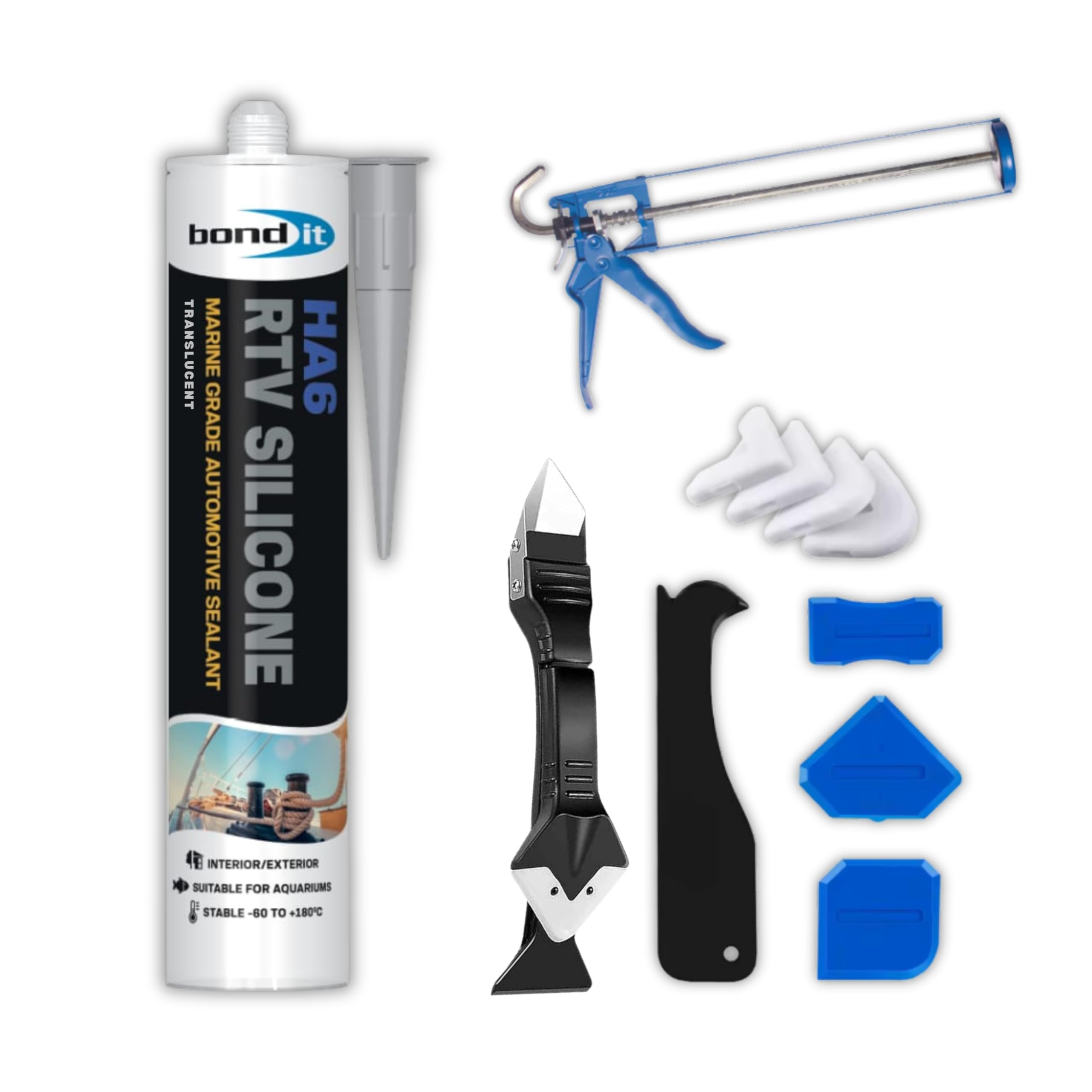 HA6 Clear Silicone Sealant Aquarium Marine Grade Adhesive Kit Bundled with Heavy Duty Silicone Sealant Gun Compatible with 310ml & 400ml Tubes Caulking Tools 3 in 1 Ultimate 10pc Caulking Tool