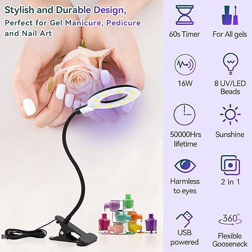 Miniatura 7 de XttnBM Lámpara de uñas LED UV USB de 16 W con clip para uñas de gel, 8 cuentas UVLED, cable de cuello de cisne flexible, tiempo de secado de 60