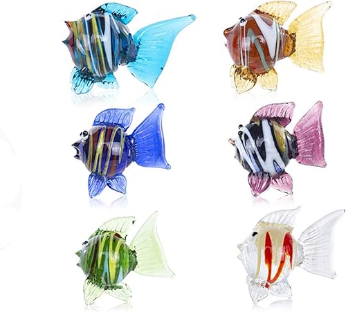 HDCRYSTALGIFTS Juego de 6 figuras de peces de vidrio soplado en miniatura de 1.5 pulgadas, mini peces tropicales, regalo para mujeres, arte hecho a