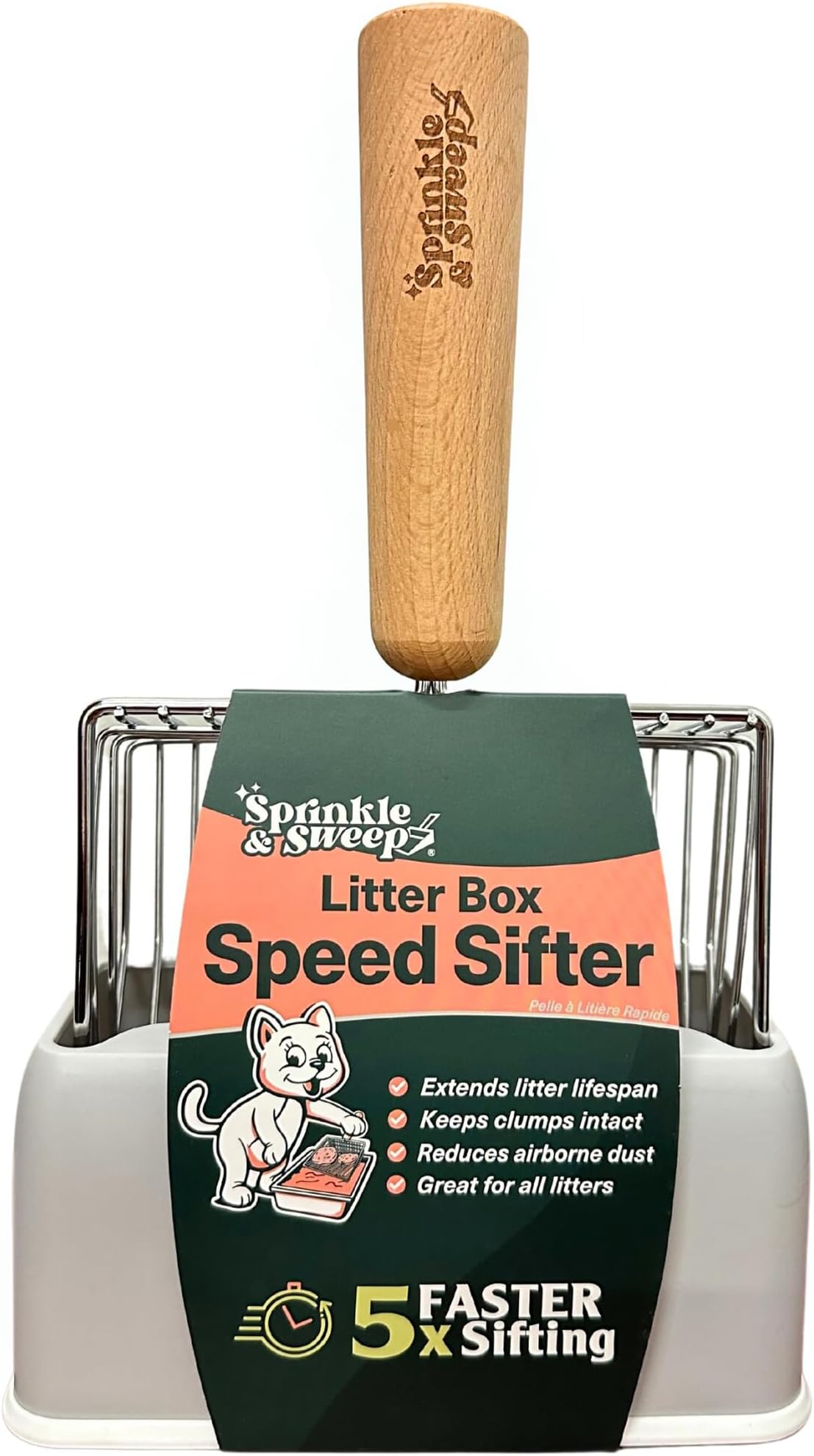 Cat Litter Scoop, Metal Litter Scooper – 5X Faster No-Shake Sifting Design, Stainless Steel Litter Scoop with Holder, Reduces Dust & Waste – Sprinkle & Sweep