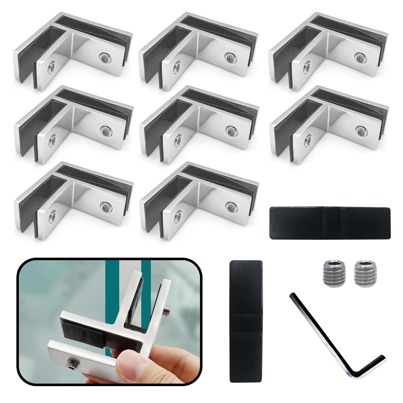 8 Soportes de Acero Inoxidable 304 para Vidrio Templado de 10-20 mm, Clip de Vidrio a Vidrio de Doble Cara para barandilla, para hogar/Parque/Centro Comercial/Piscina, Abrazadera d
