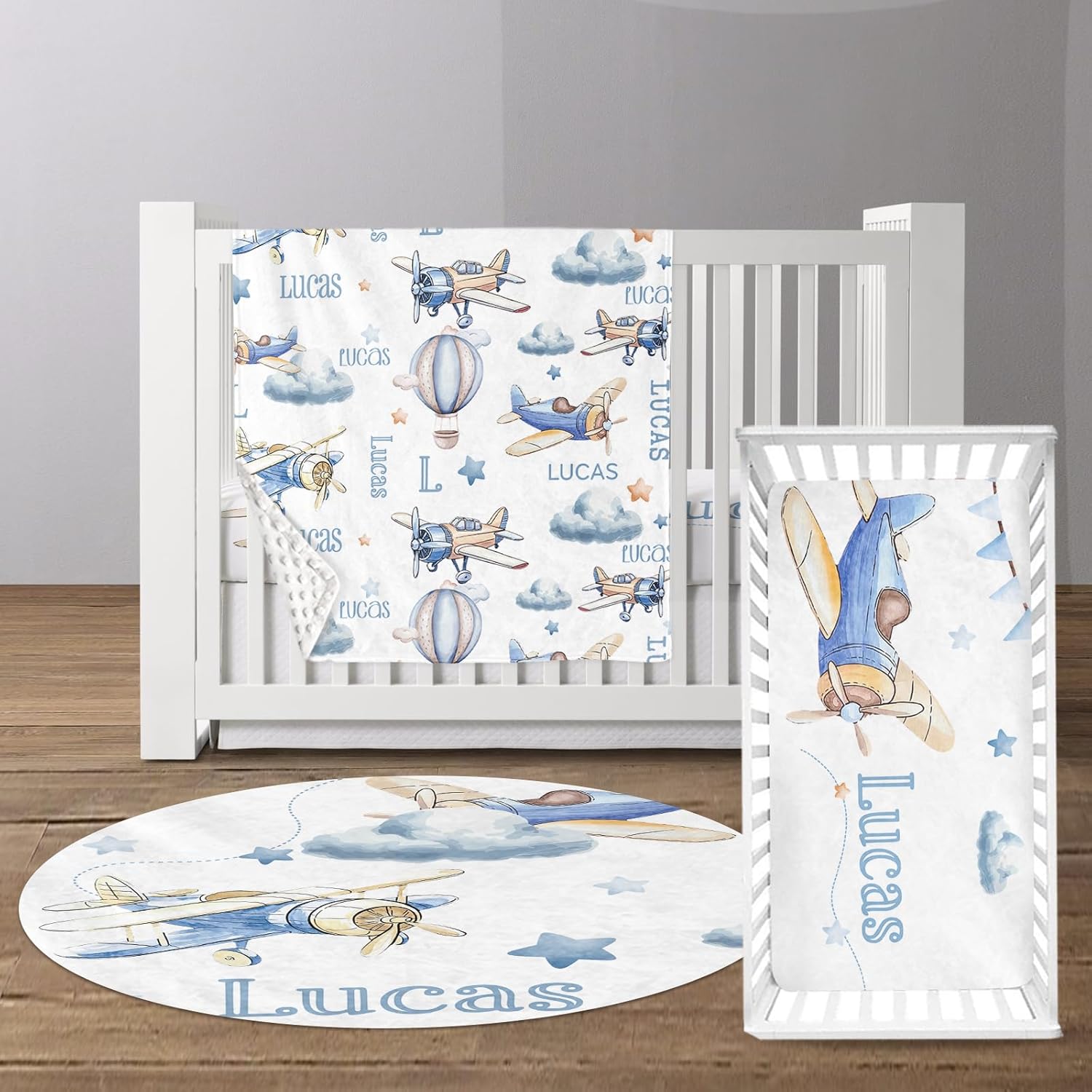 Custom Baby Crib Bedding Set - Toy Airplane Design Personalized Name Baby Nursery Bedding 3 Pcs Set - Chic Soft Blanket, Fitted Sheet, Room Rug for Newborns Boys Girls Gifts