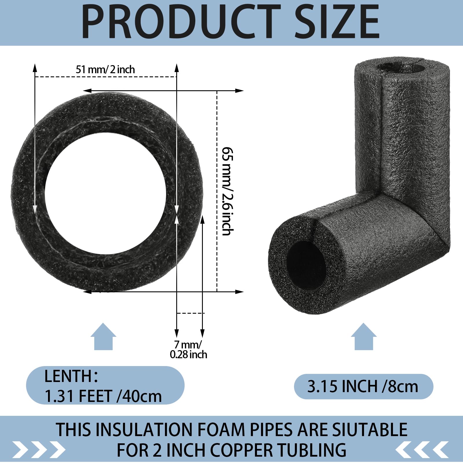2pcs Pipe Insulation Foam Tube Split Pipe Lagging 60mm ID 80mm OD 2ft, Black