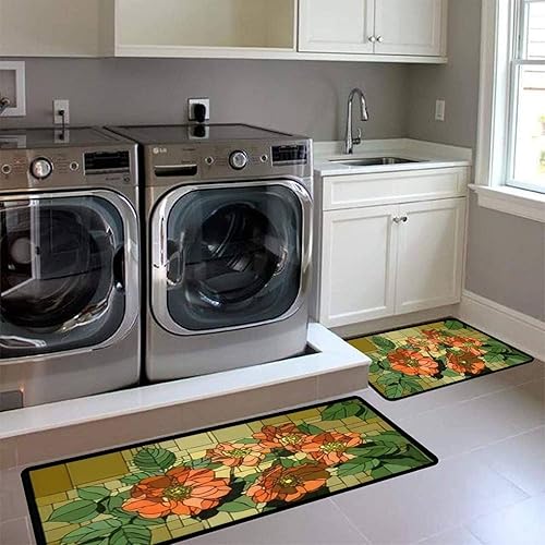 Miniatura 3 de Kitchen Rugs Set Angular Mosaic Blooming Dog Rose Buds Stained Glass Window Frame Kitchen Mat for Floor Non-Slip Washable Kitchen Runner Doormat