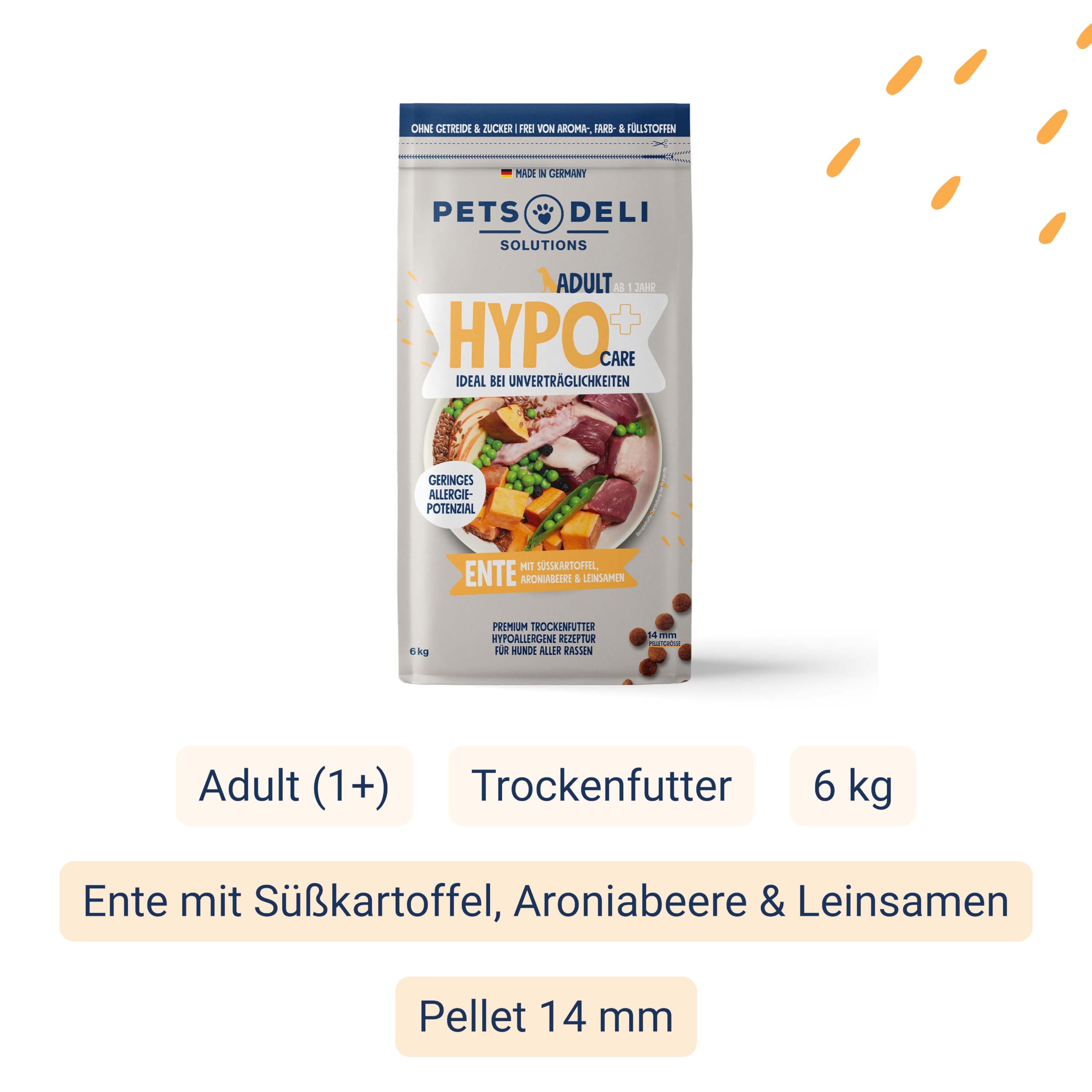 Pets Deli Hypocare Hunde Trockenfutter Ente & Süßkartoffel, hypoallergen, monoprotein, ideal bei Unverträglichkeiten & Allergien, getreidefrei, ohne Zucker, 6kg, Premium Qualität