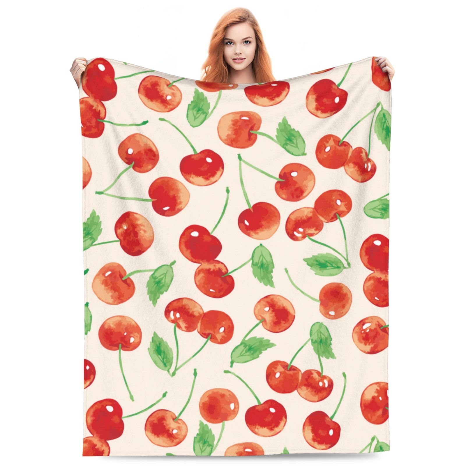 Juicy Cherries Blanket Throw Blanket Soft Fuzzy Travel Blanket for Bedroom Living Room Couch Office Car All Season Gift for Girls Boys Women Men 60"x50"