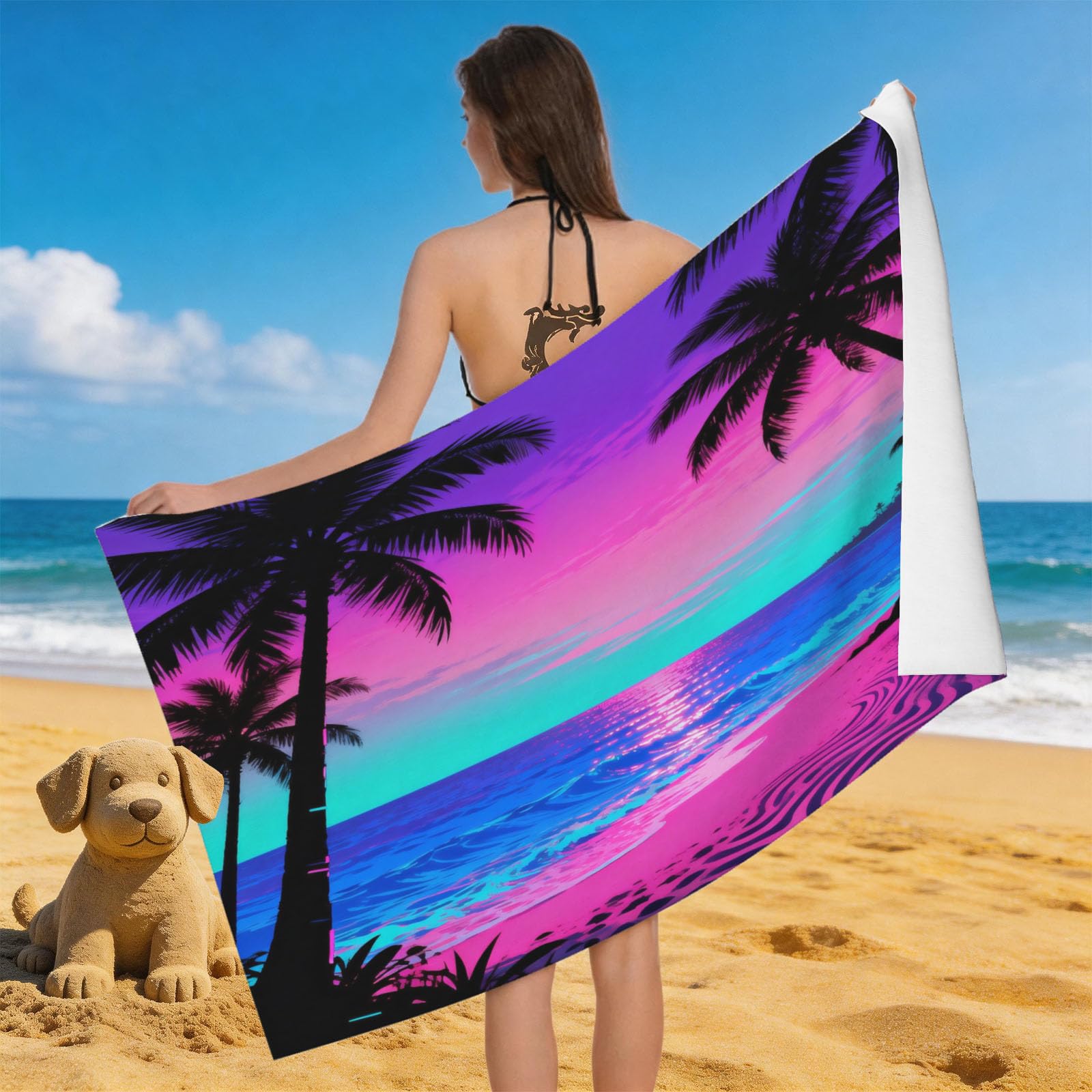 Leichong 3D Beach Themed Beach Towel Microfiber Soft Quick Dry for Adults, Dreamy Bath Towel Lightweight Soft Absorbent for Travel Swimming Pool Sports, 75 x 150 cm