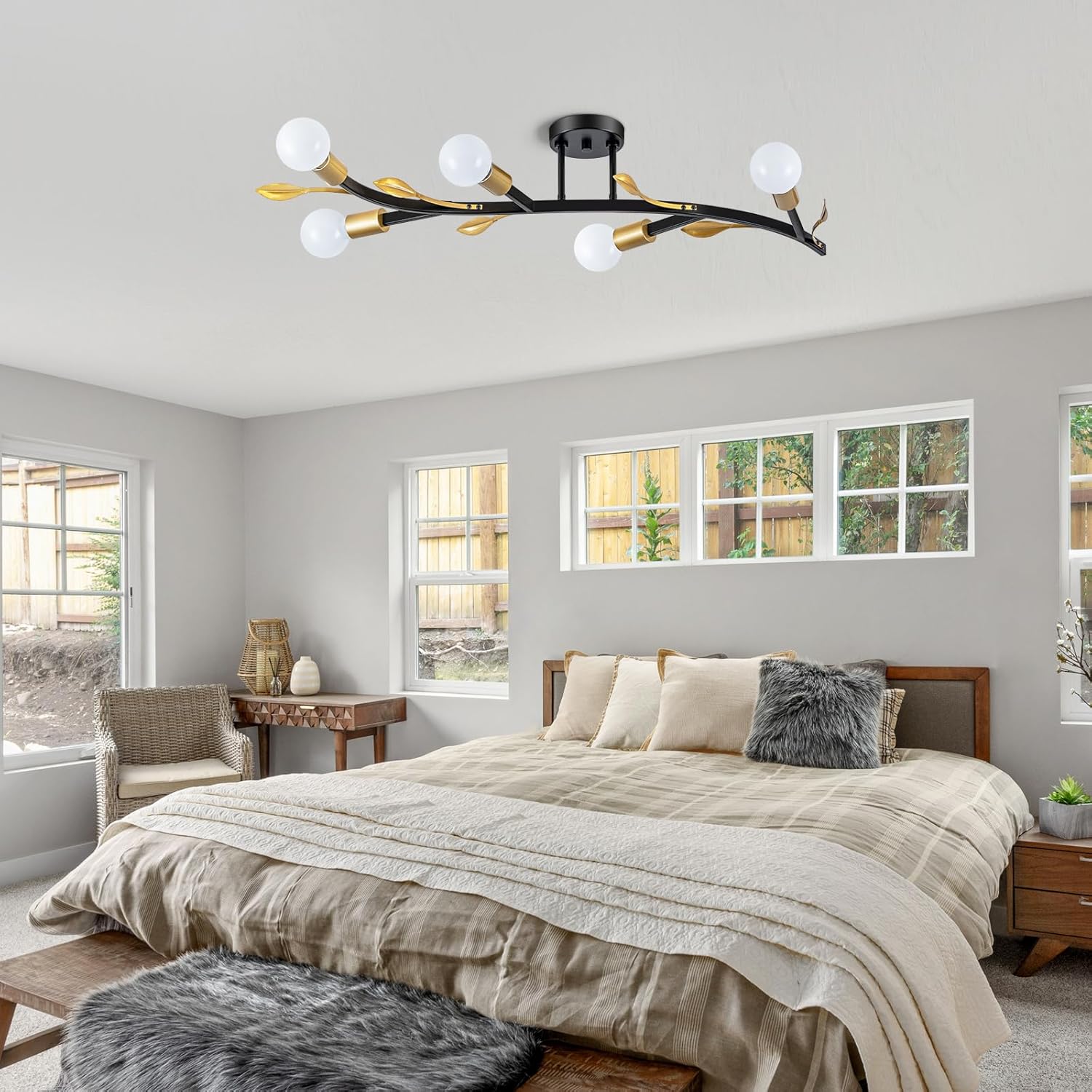 Modern Sputnik Ceiling Light Fixture,5-Lights Black and Gold Sputnik Chandeliers, Industrial Metal Semi Flush Mount Ceiling Light Fixture for Bedroom Hallway Entryway Kitchen