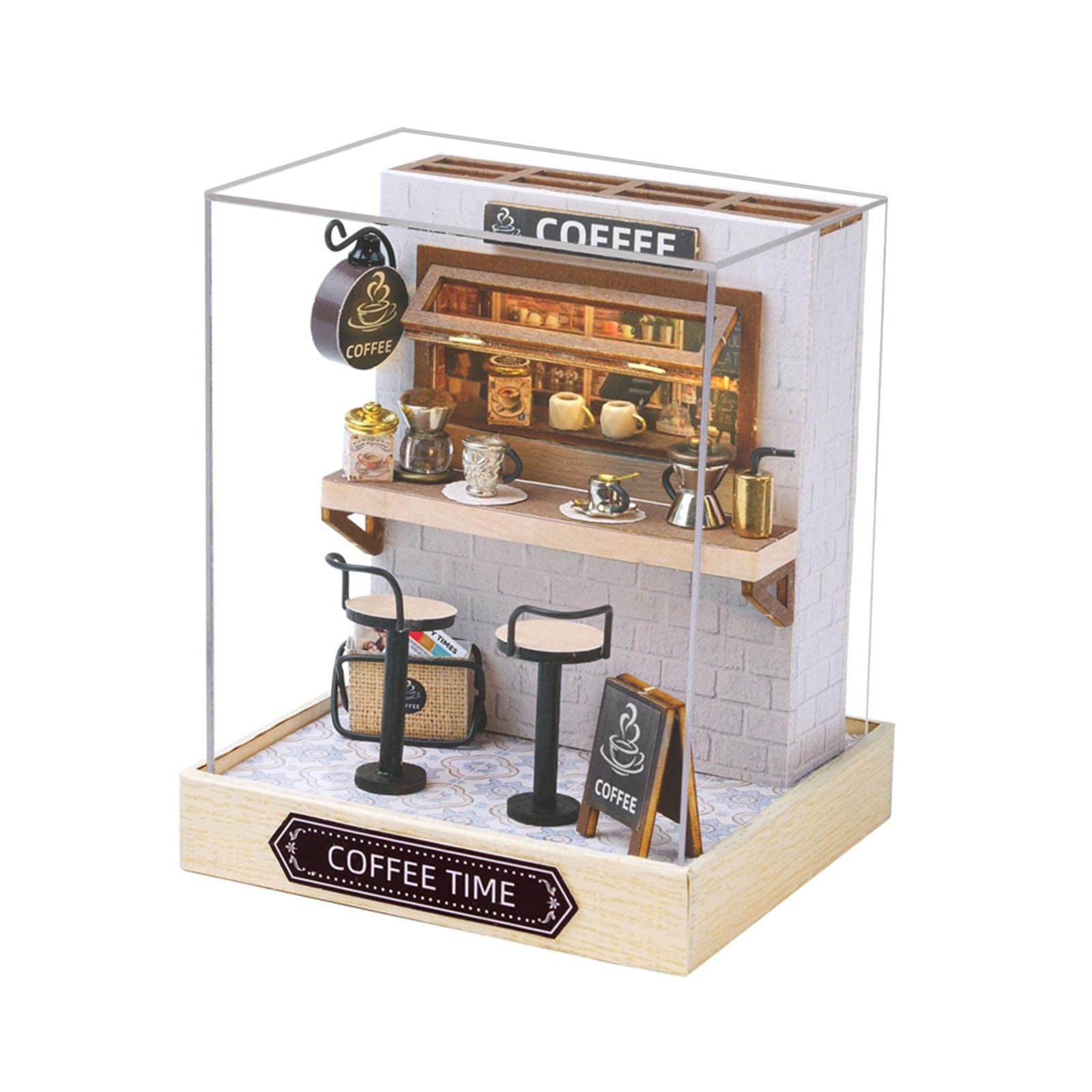 Juego de 5 casas de muñecas en miniatura de madera para niños, adultos, amigos, hora del café, estilo 4